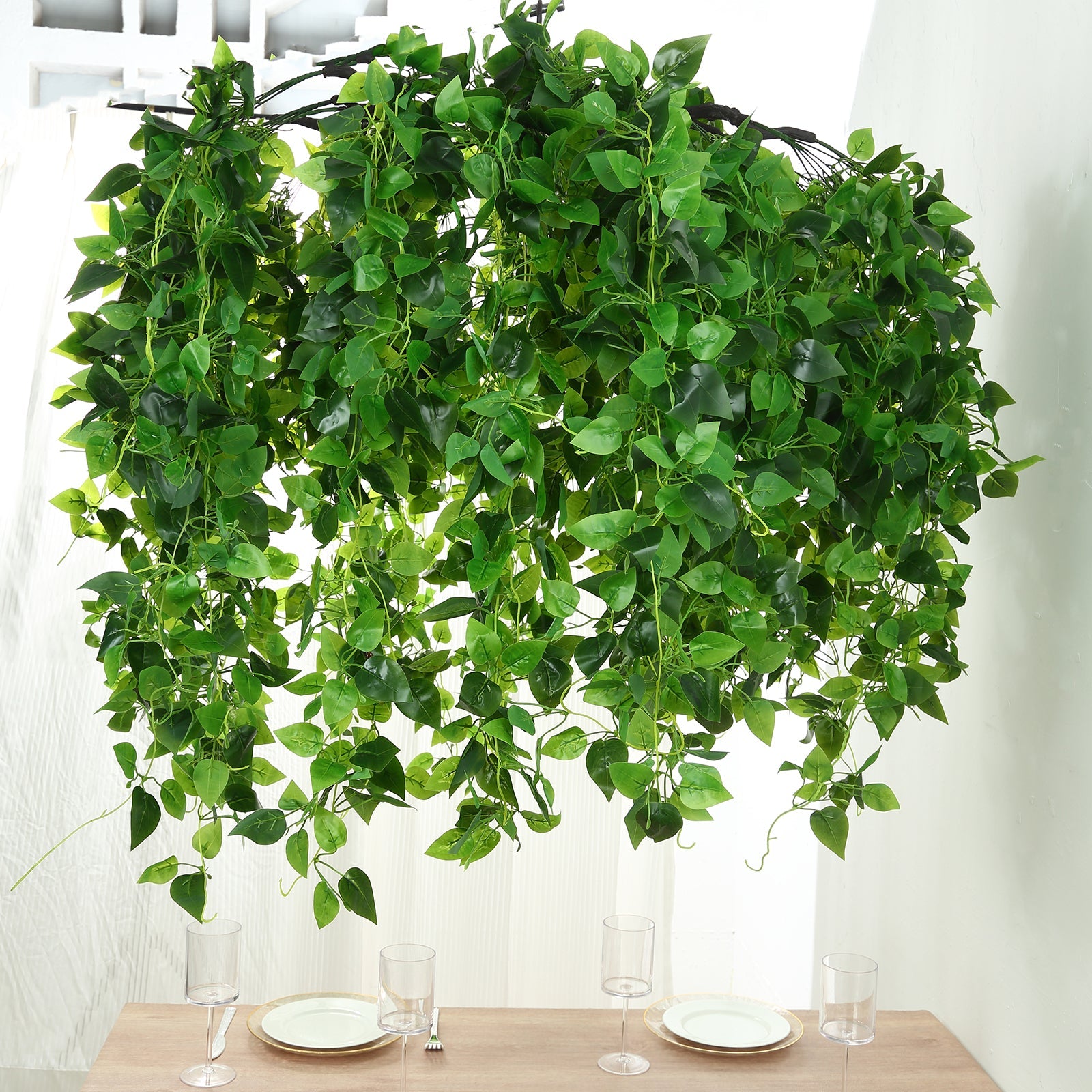 46 Green Artificial Eucalyptus Leaf Vines Ceiling Canopy, Round Draping Ivy Leaves Hanging Flower Chandelier With Interchangeable Branches