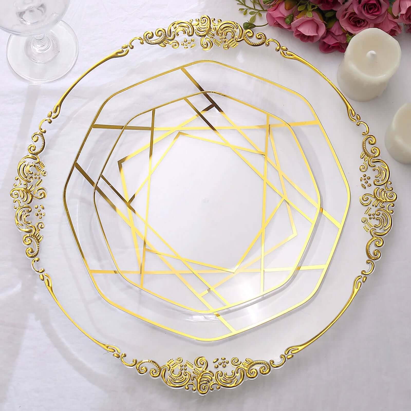 10-Pack Plastic 10 Octagon Dinner Plates in Clear - Modern Disposable Party Plates with Gold Geometric Design for Special Occasions & Celebrations