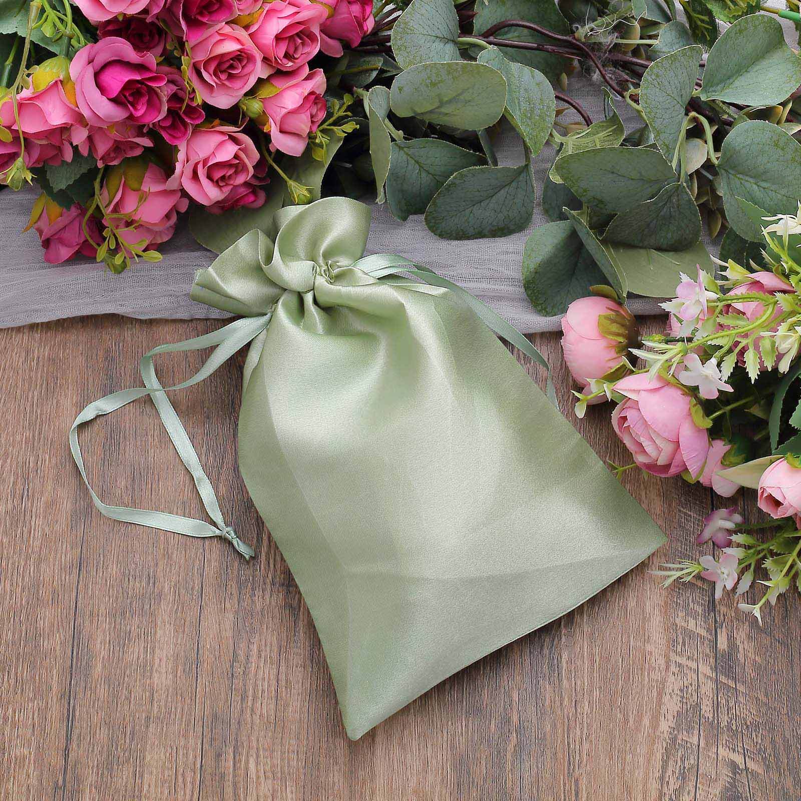 12 Pack 6x9 Sage Green Satin Wedding Party Favor Bags, Drawstring Pouch Gift Bags