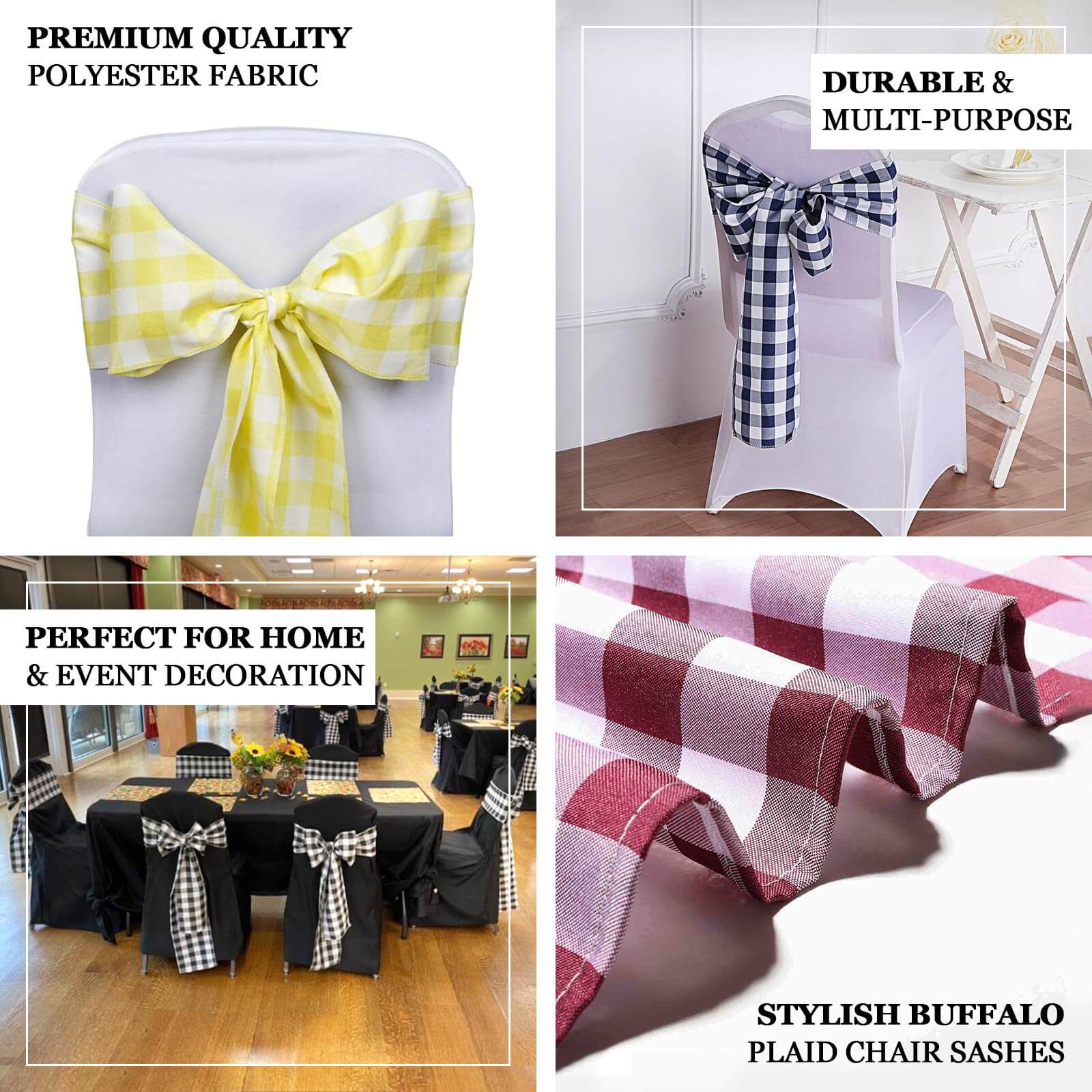 5 Pack Polyester Chair Sashes Burgundy/White Buffalo Plaid - Durable & Reusable Chair Bows 6x108