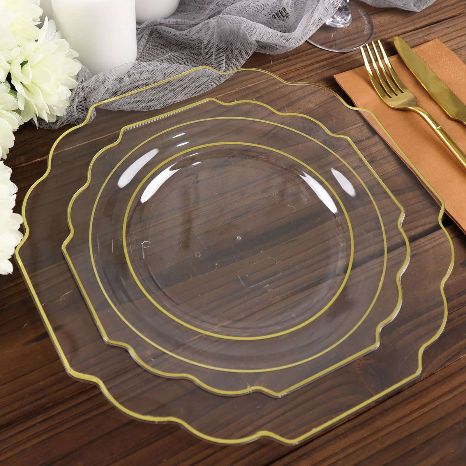 10-Pack Plastic Dessert Appetizer Plates in Clear Baroque Design with Scalloped Gold Rim - Heavy Duty Disposable Salad Plates 8