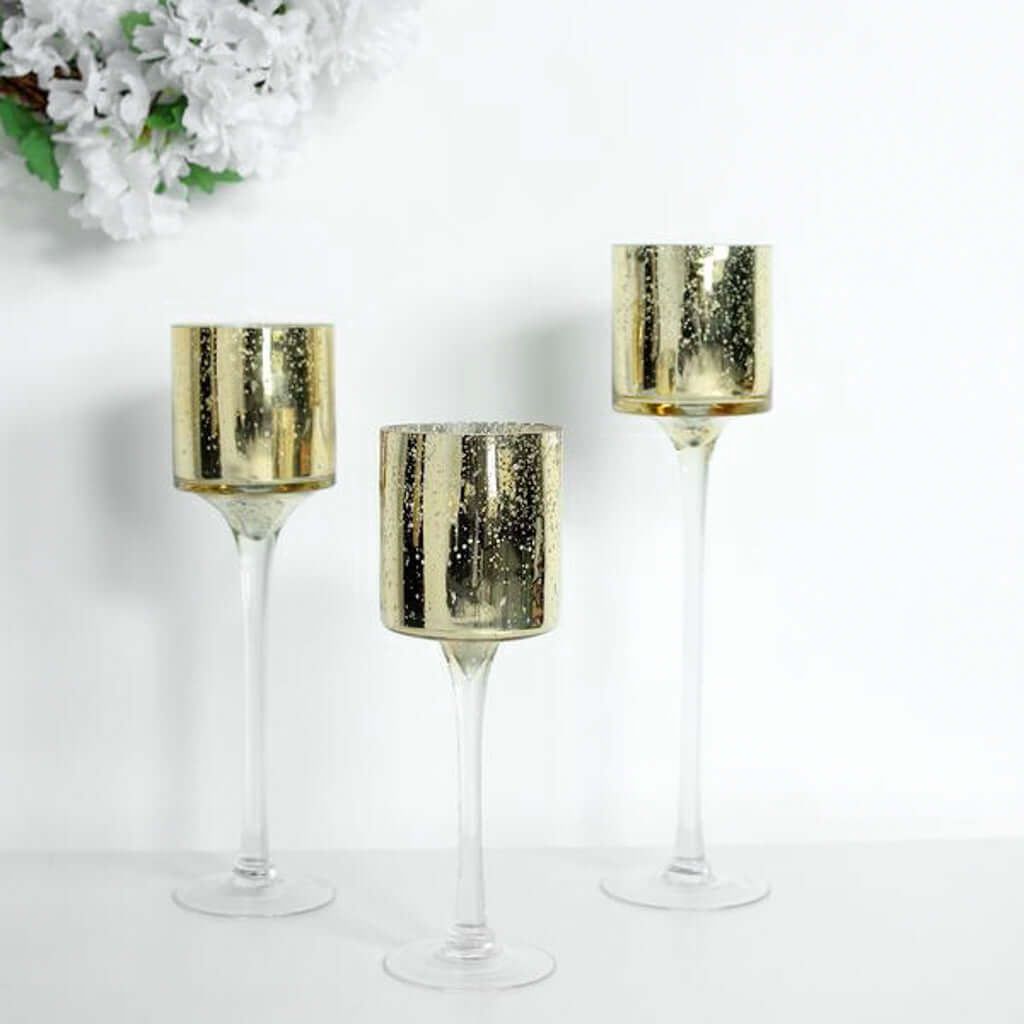 Set of 3 Glass Cylinder Vases Long Stem Gold - Decorative Candle Holder Floral Centerpieces 12, 14, 16