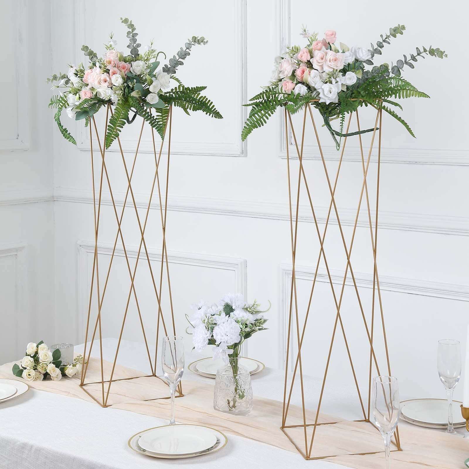 2-Pack Wedding Centerpieces Metal Geometric Crisscross Design Gold - Open Column Pedestal Stands 32