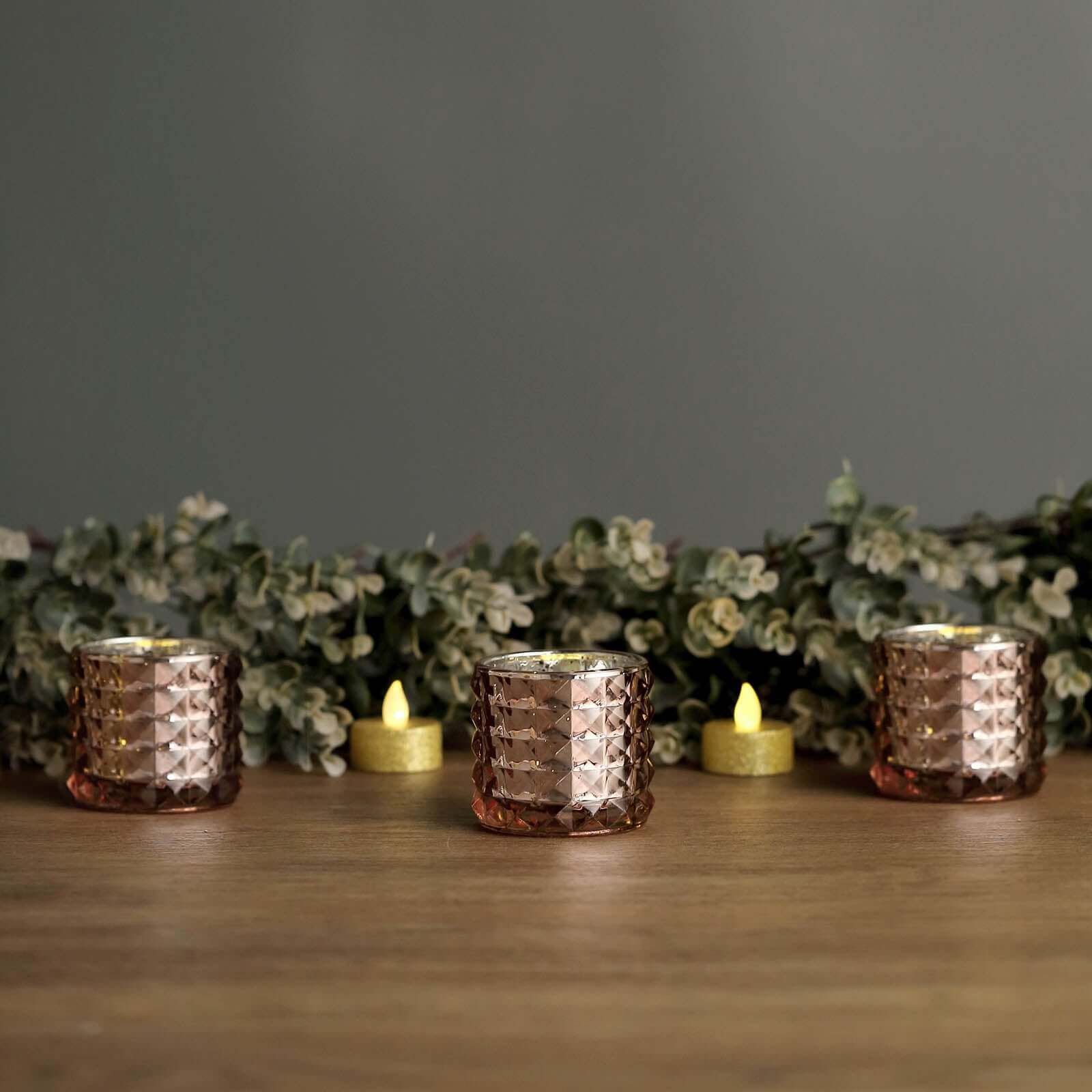 6-Pack Mercury Glass Votive Holders Studded Faceted Design Rose Gold - Tealight Candle Holders 3