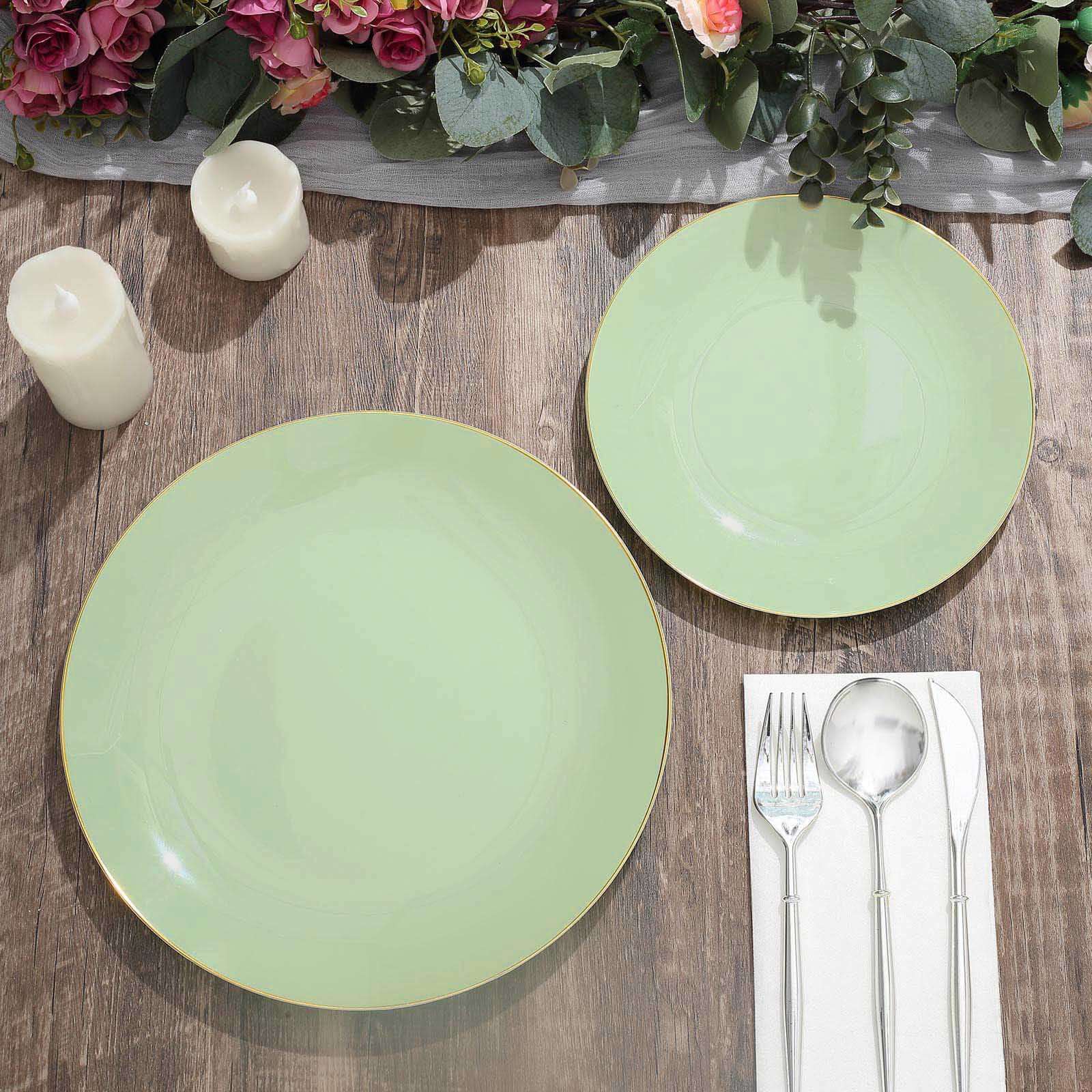 10-Pack Plastic 10 Round Dinner Plates in Sage Green with Gold Rim - Glossy Disposable Party Plates