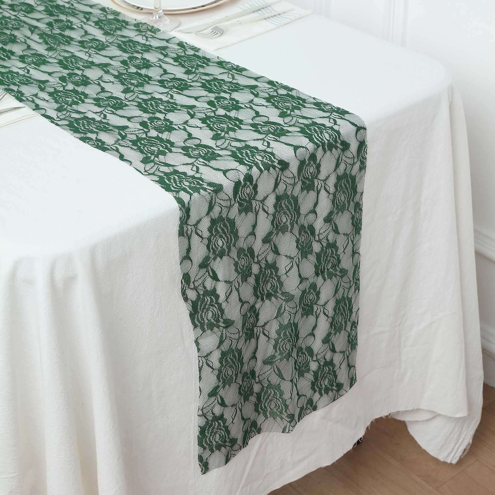 Lace 12x108 Table Runner Hunter Emerald Green - Vintage Rose Pattern Table Decor