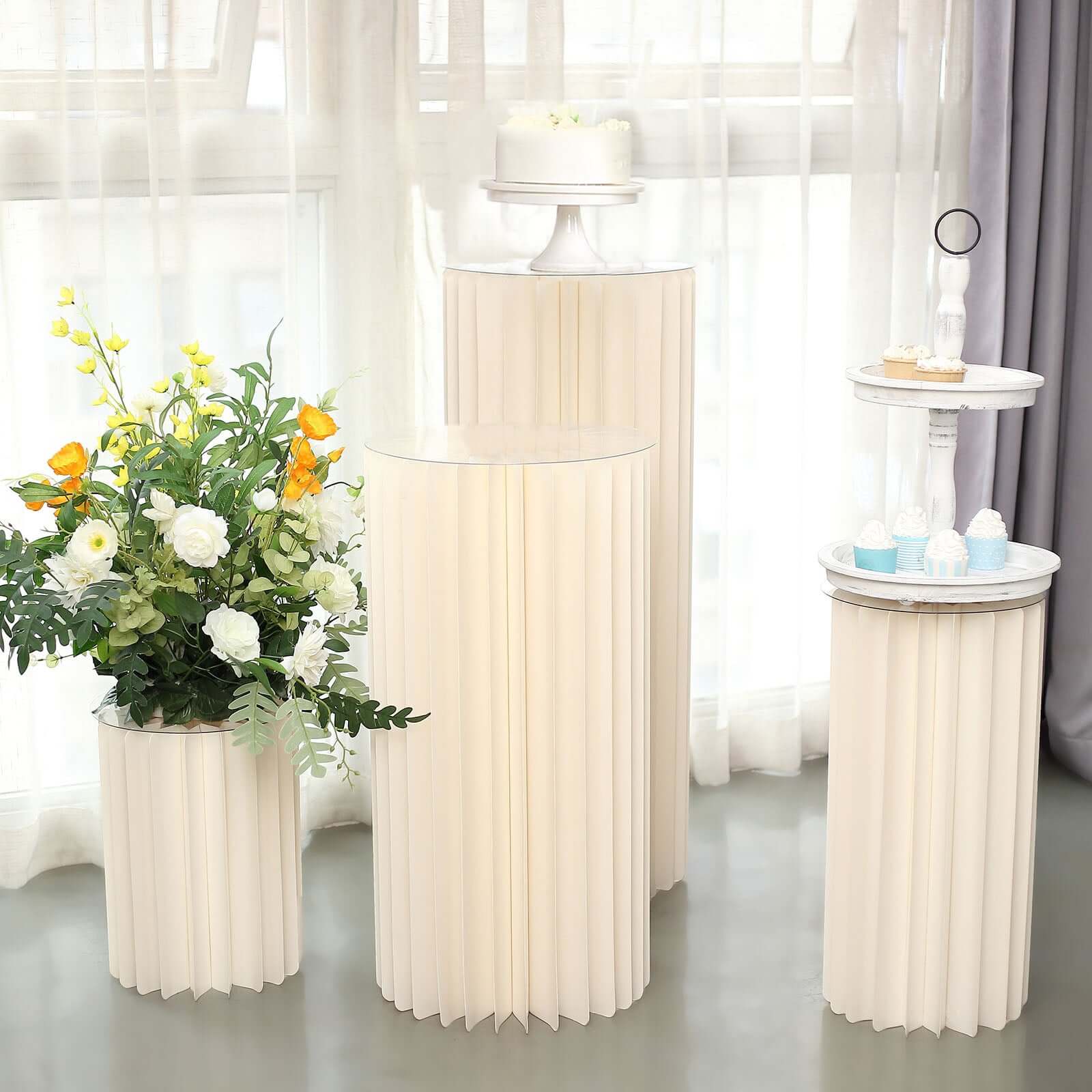 24 Ivory Cylinder Display Column Stand, Pillar Pedestal Stand With Top Plate