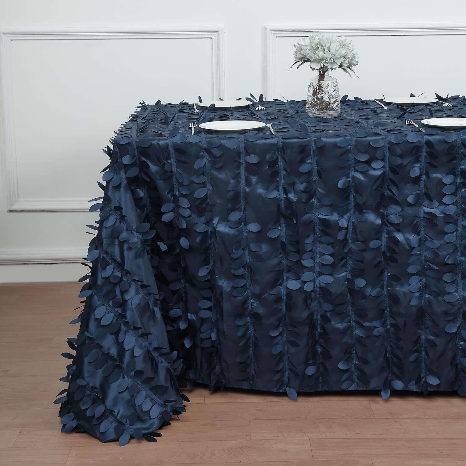 Taffeta 90x132 Rectangle Tablecloth Navy Blue | 3D Leaf Petal Design Seamless Table Cover