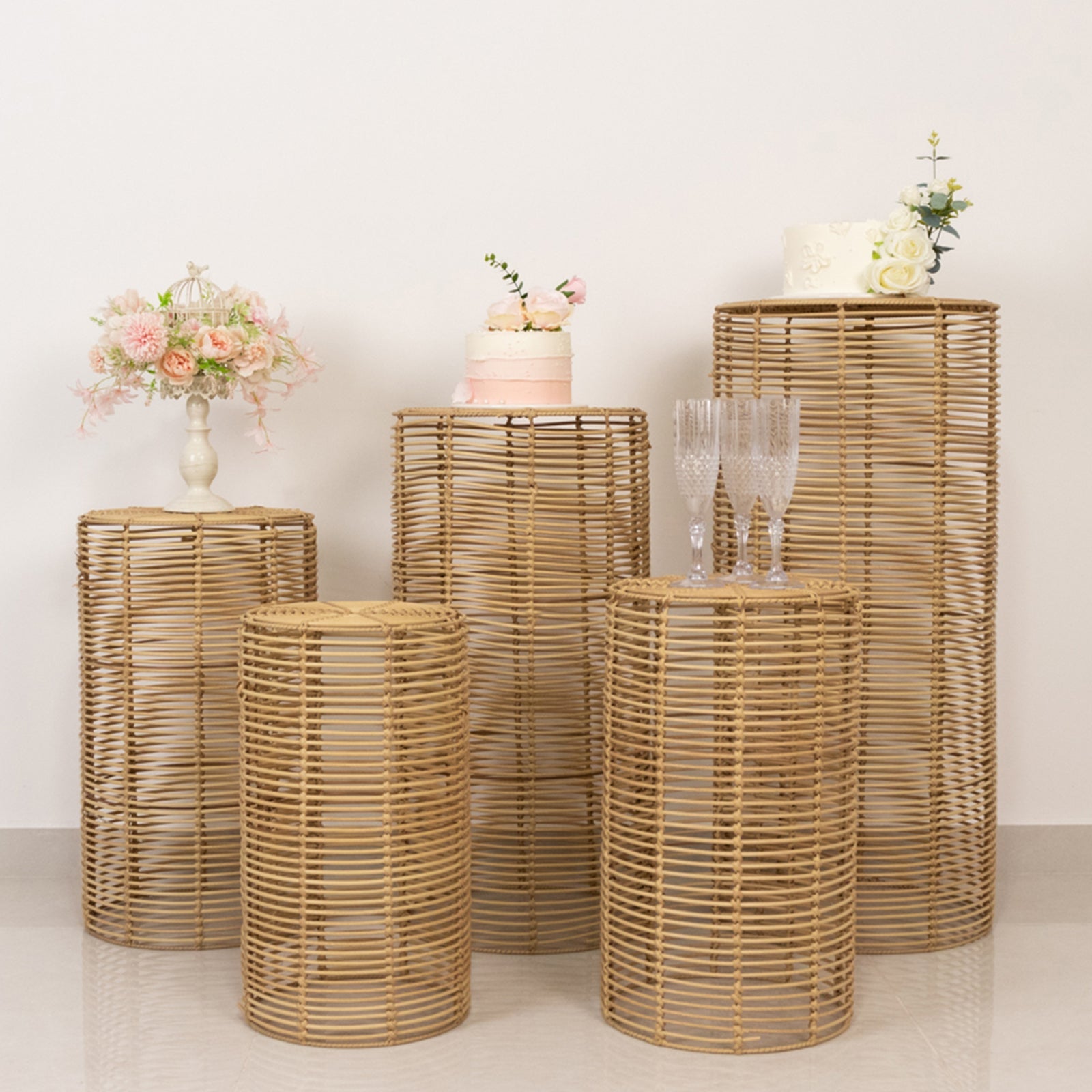 Set of 5 Natural Woven Rattan Wicker Pedestal Stands, Boho Chic Side Table Cylinder Cake Dessert Plant Display Stands - 20,21,24,29,36