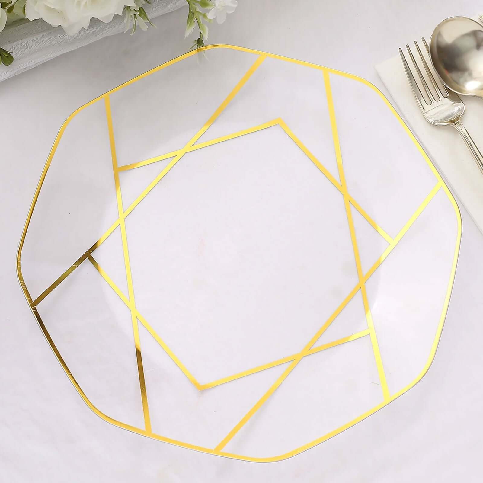 10-Pack Plastic 10 Octagon Dinner Plates in Clear - Modern Disposable Party Plates with Gold Geometric Design for Special Occasions & Celebrations