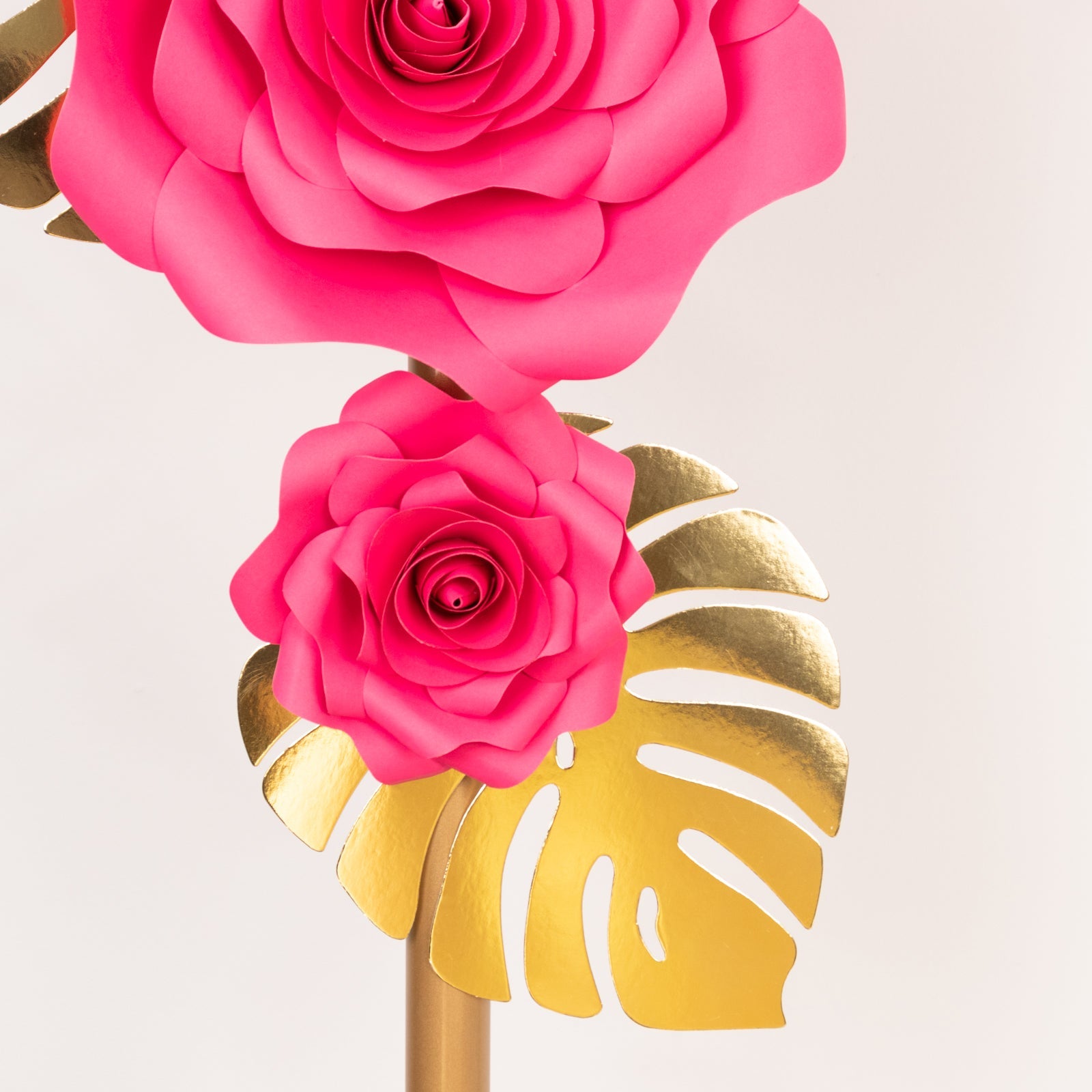 Set of 9 Fuchsia 3D Rose Paper Flowers with Gold Tropical Palm Leaves, Party Flower Backdrop Hanging Wall Decor