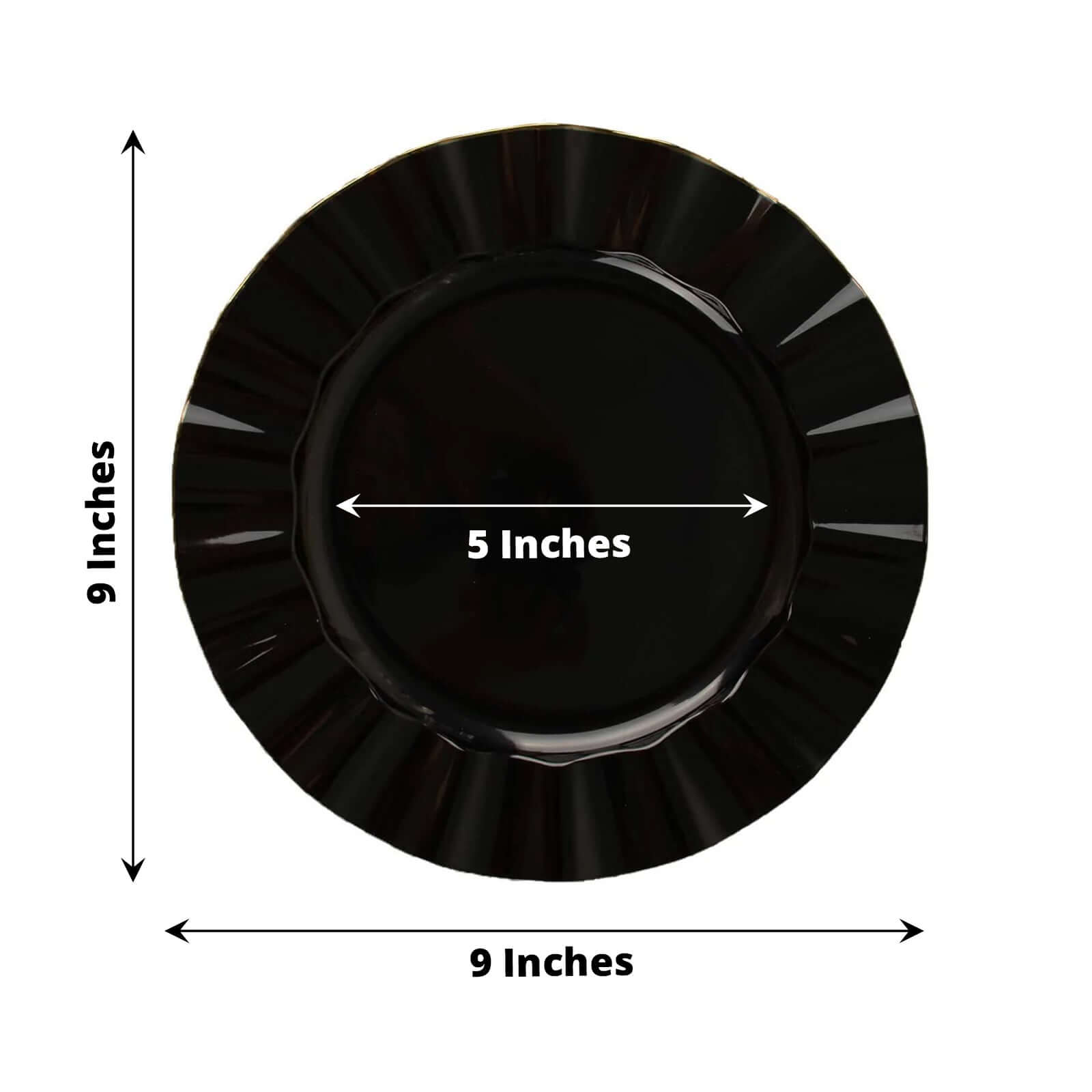 10-Pack Plastic 9 Round Dinner Plates in Black Ruffled Rim with Gold Edging - Sturdy Disposable Dinnerware