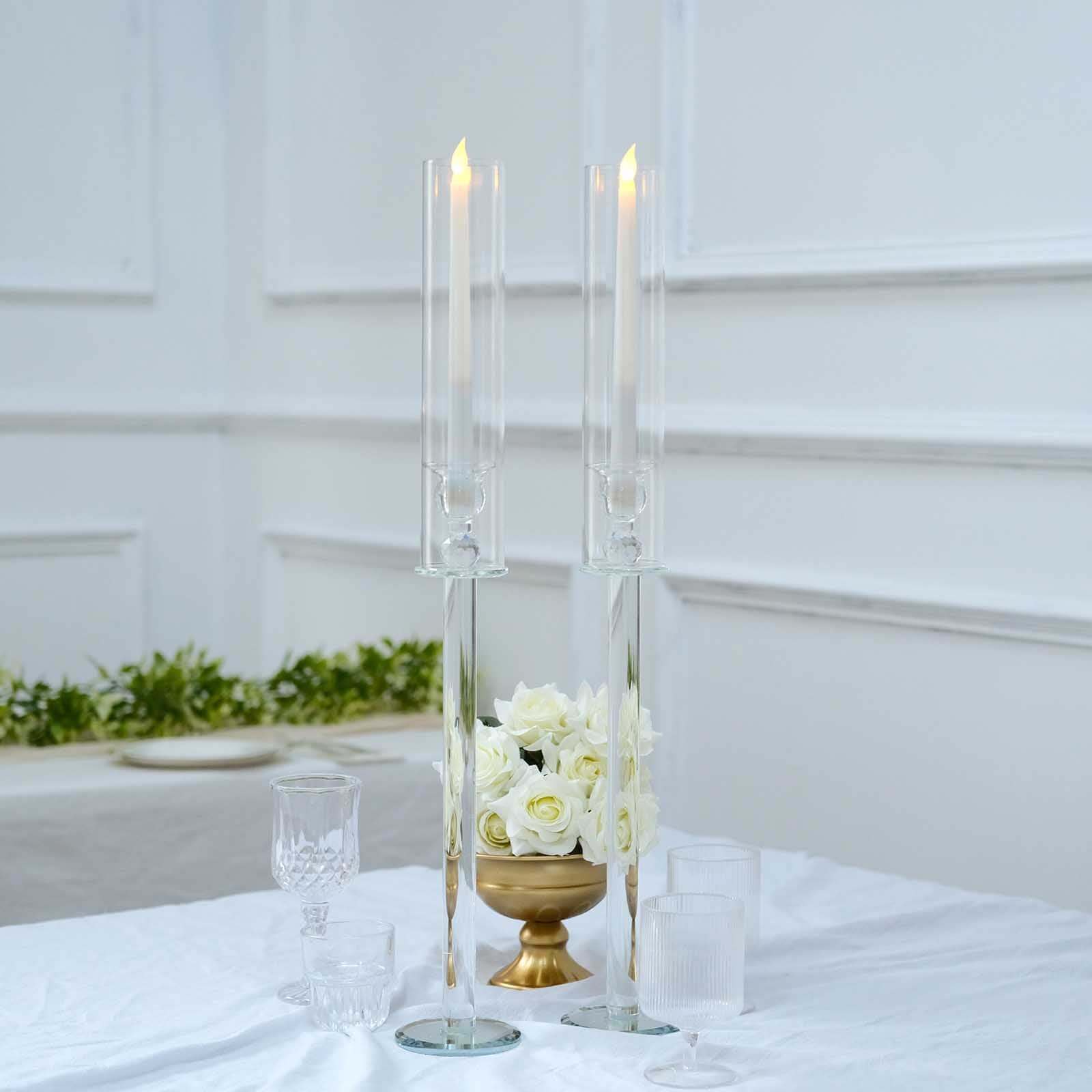 2-Pack Crystal Glass Hurricane Taper Candle Holders, Tall Decorative Candle Stands Clear Cylinder Chimney Tubes 26