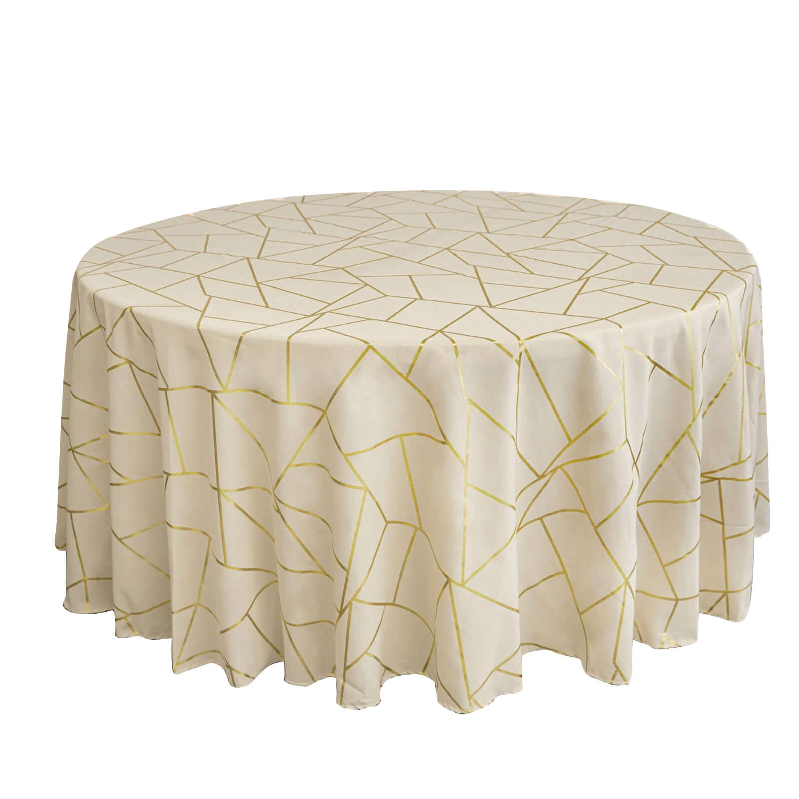 Polyester 120 Round Tablecloth Beige with Gold Foil Geometric Pattern Wrinkle-Resistant Seamless Table Cover