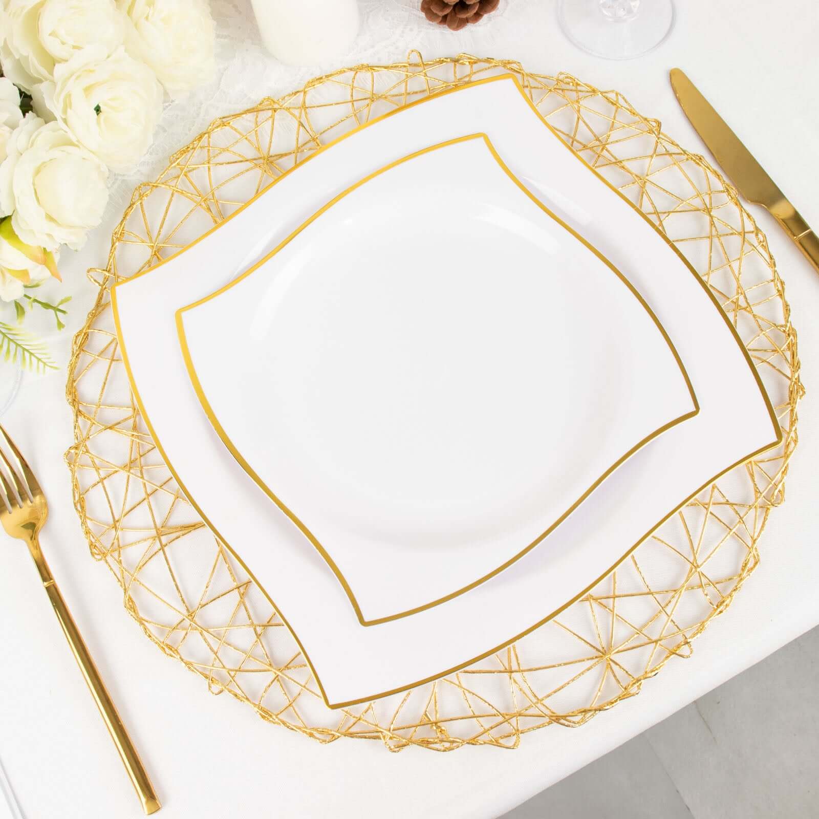 10-Pack Plastic 8 Square Dessert Plates in White with Gold Wavy Rim Modern - Disposable Salad Appetizer Party Plates for Luxe Events & Banquets