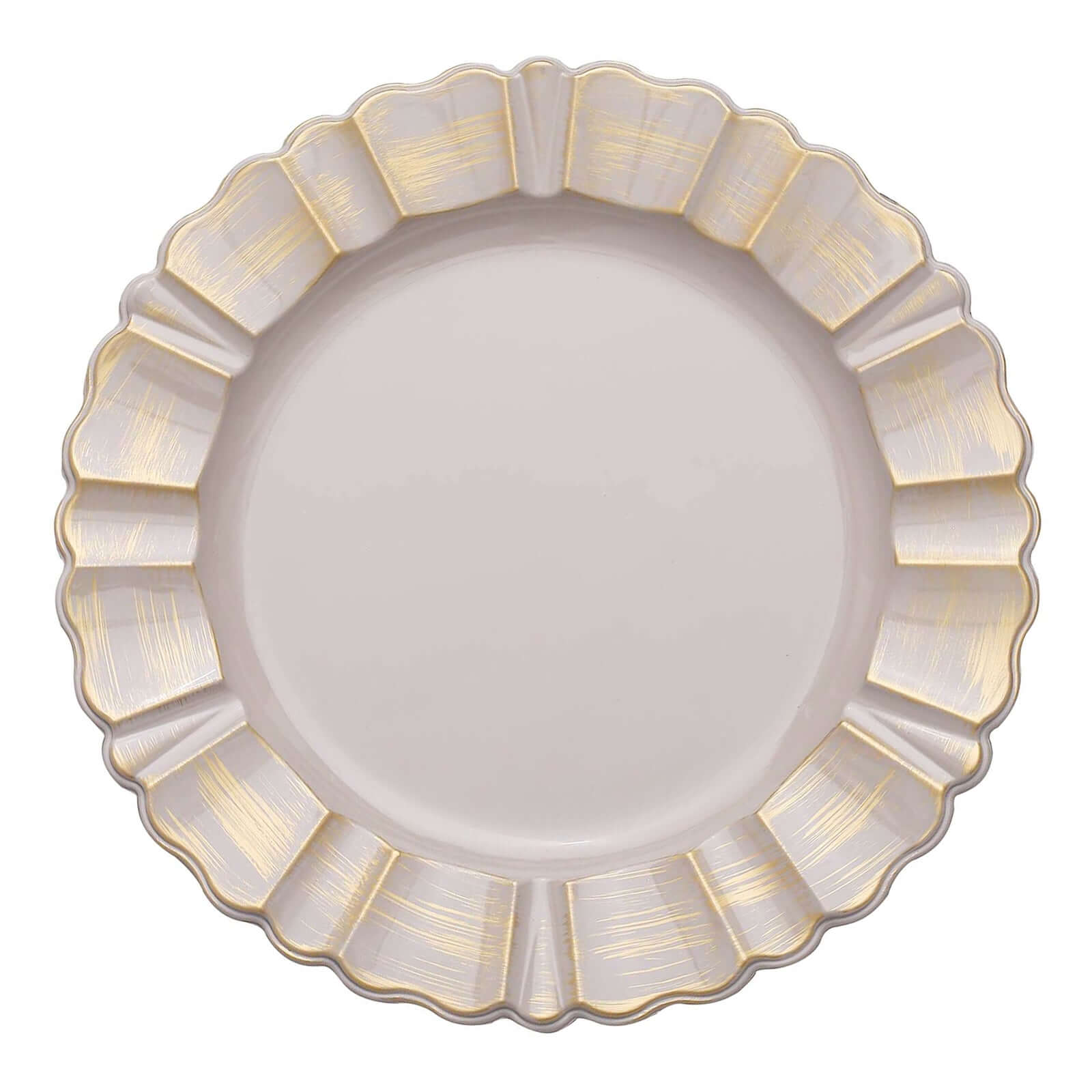 6-Pack Acrylic Plastic Round Charger Plates 13 in Nude Taupe with Gold Brushed Wavy Scalloped Rim, Decorative Dinner Party Charger Tableware