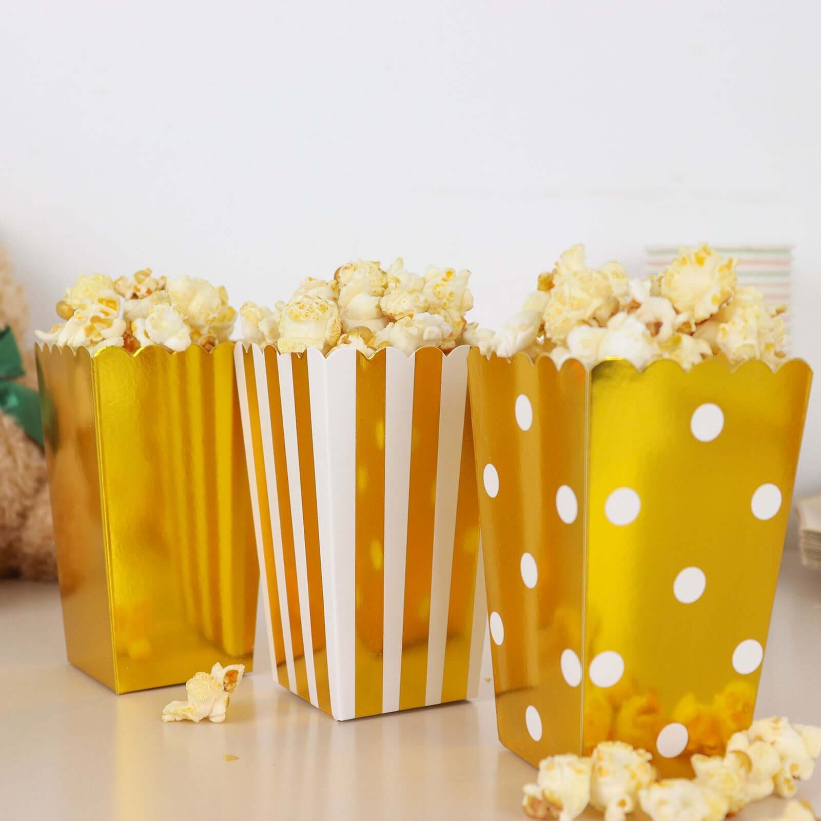 36 Pack 5 White Gold Design Mini Paper Popcorn Boxes, Candy Favor Disposable Bags - Stripe, Polka Dot, Solid Style