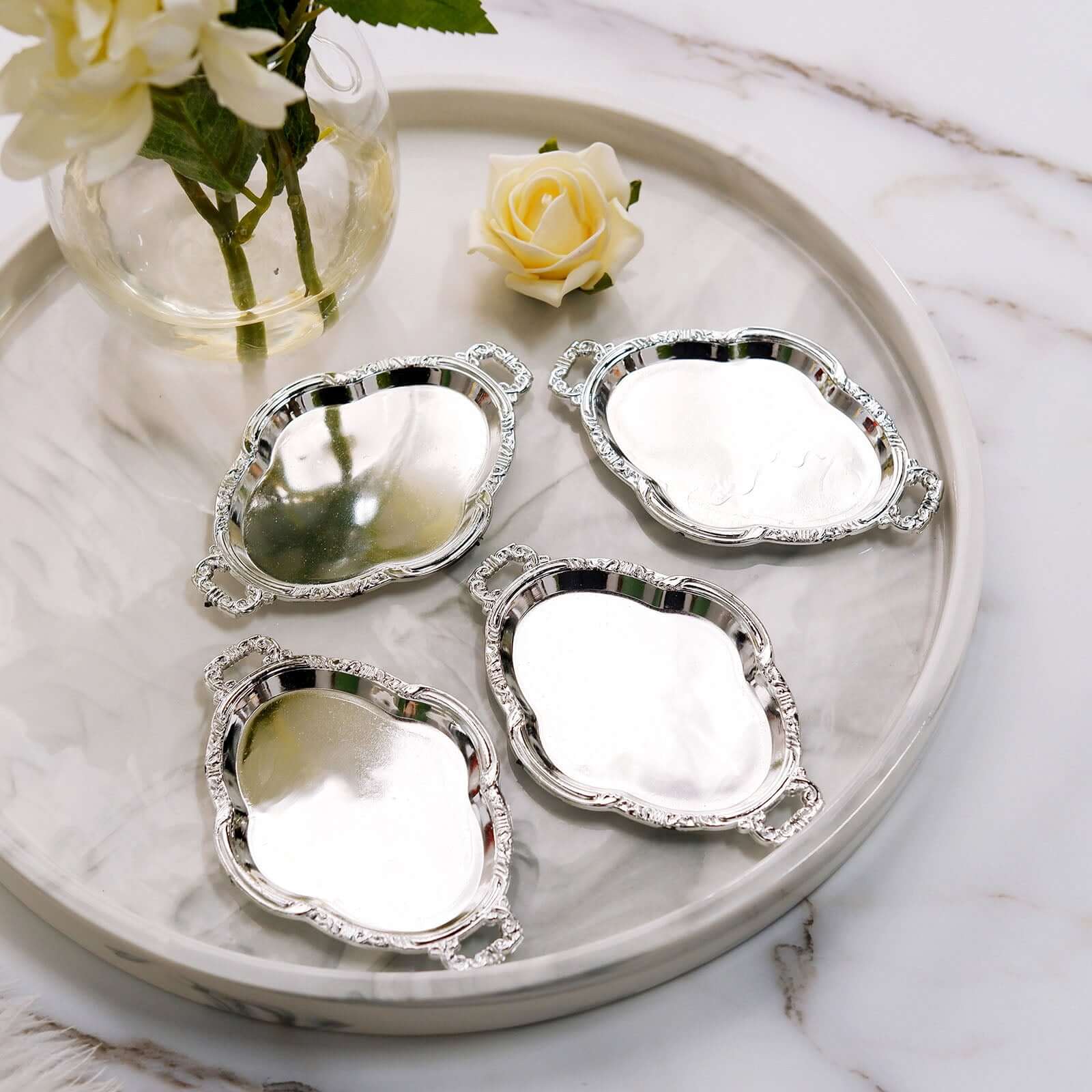 12-Pack Display Trays Party Favor Baroque Oval Design Silver - Mini Serving Platters for Sweets and Desserts 4.5