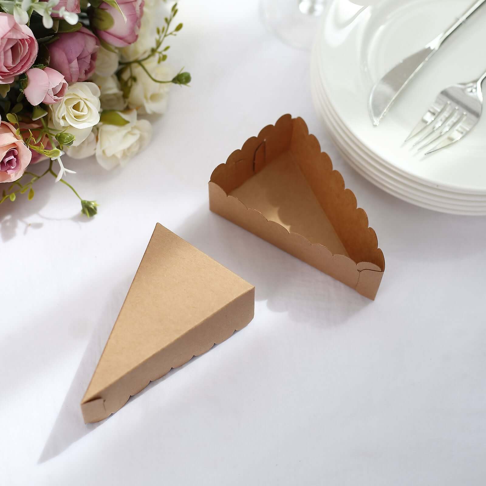 10-Pack Cardstock Triangle Cake Slice Boxes Natural with Scalloped Top - Decorative Takeaway Dessert Containers for Small Pie Snacks & Party Favors 4x2.5