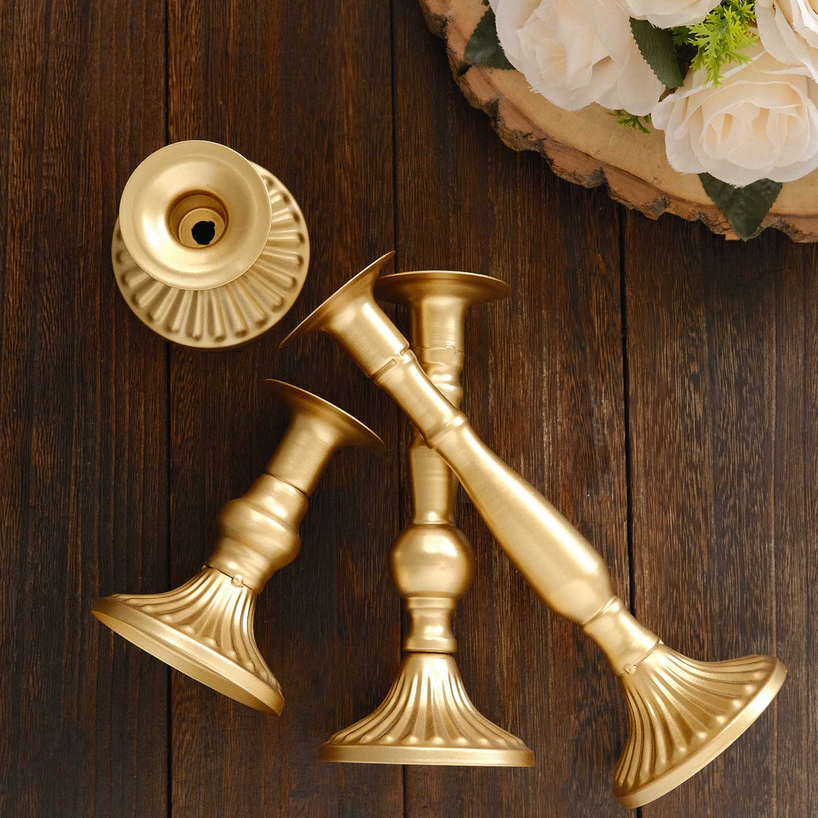 Set of 4 Taper Candle Holders Gold Baroque Metal Vintage Design - Wedding Centerpieces Decorative Stands 3, 5, 8, 9