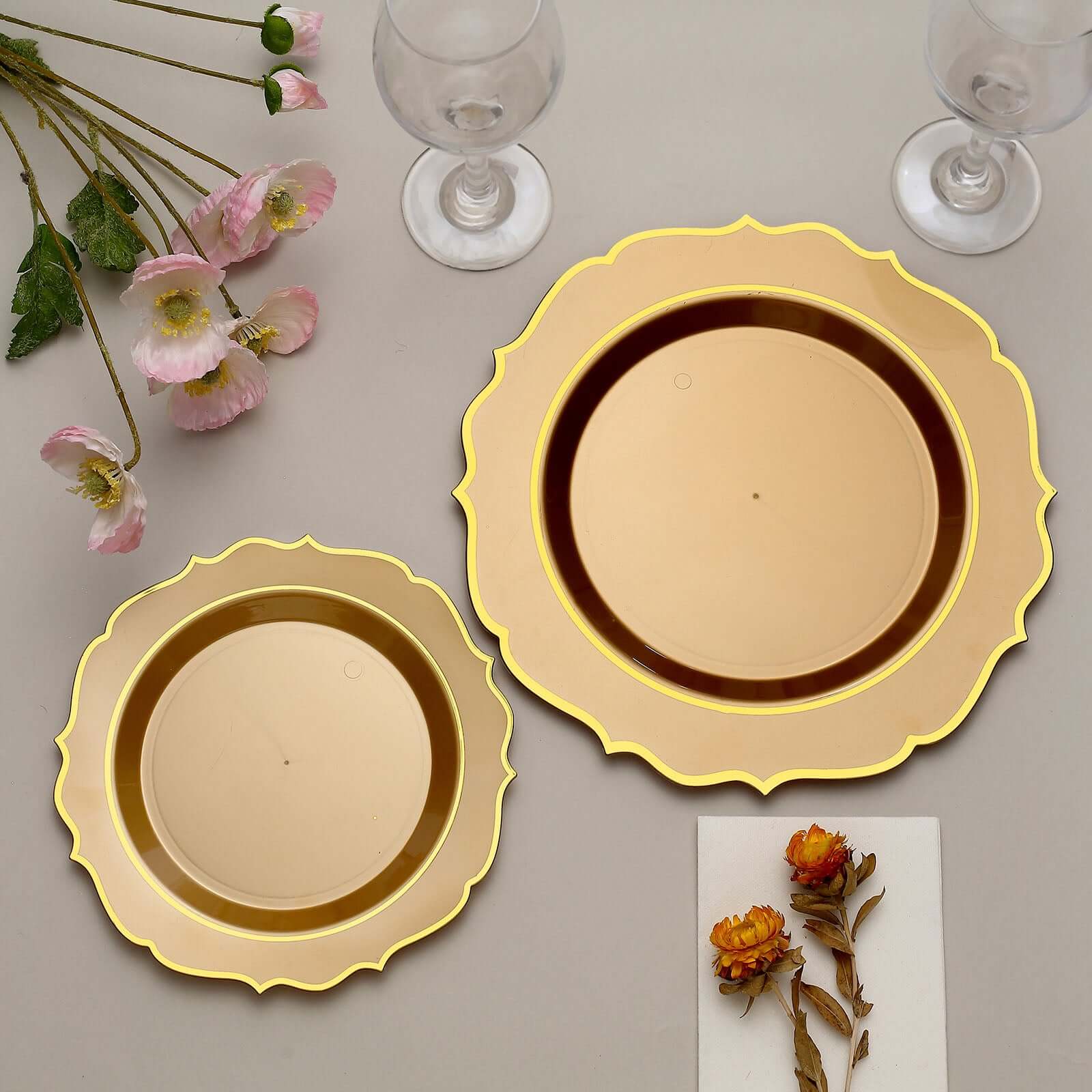 10-Pack Plastic 8 Round Desert Plates in Gold with Gold Scalloped Rim - Disposable Appetizer/Salad Plates