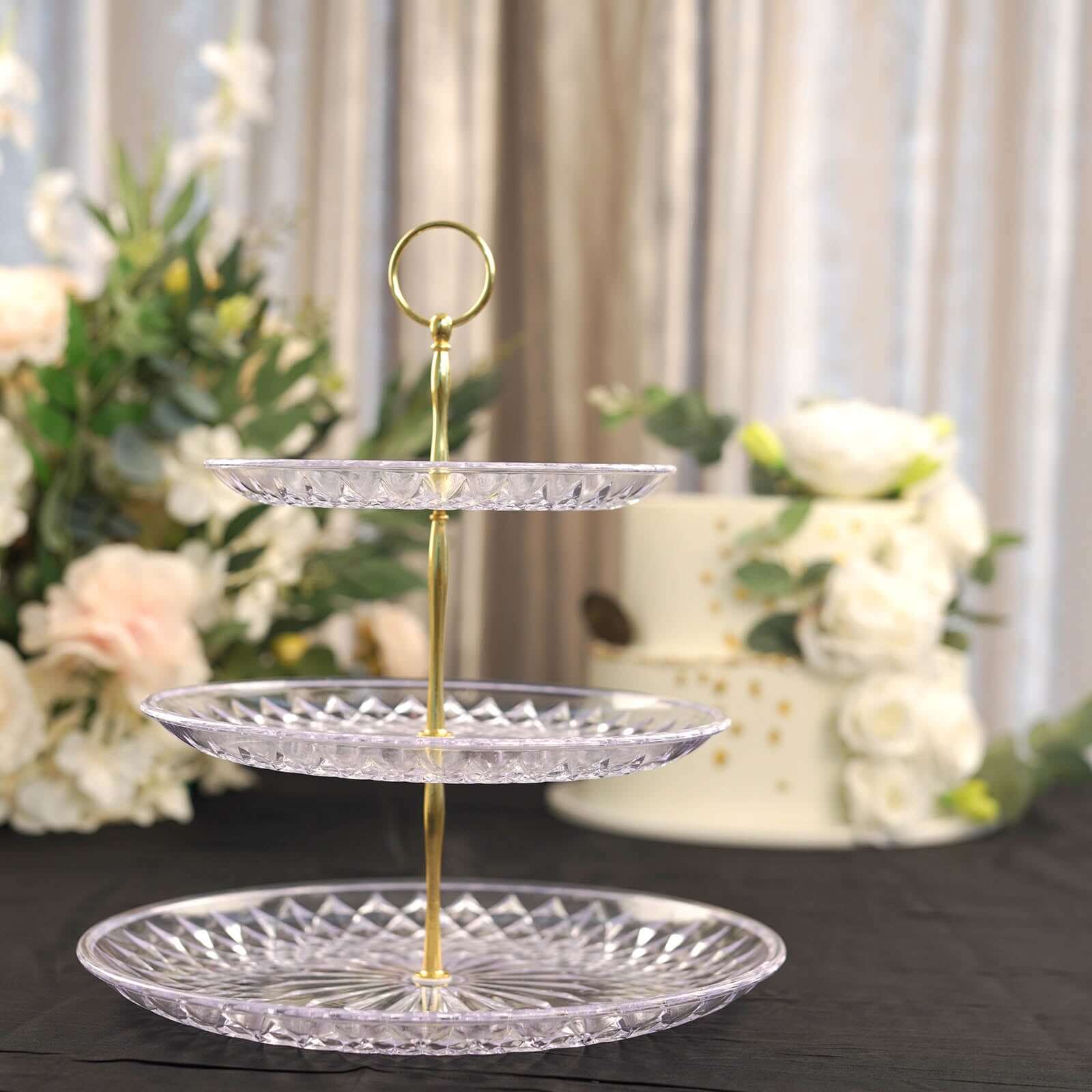 3-Tier Acrylic Cupcake Stand Clear - Sturdy Dessert Serving Tray Platter with Gold Top Handles for Classy Special Occasions & Dessert Buffets 12