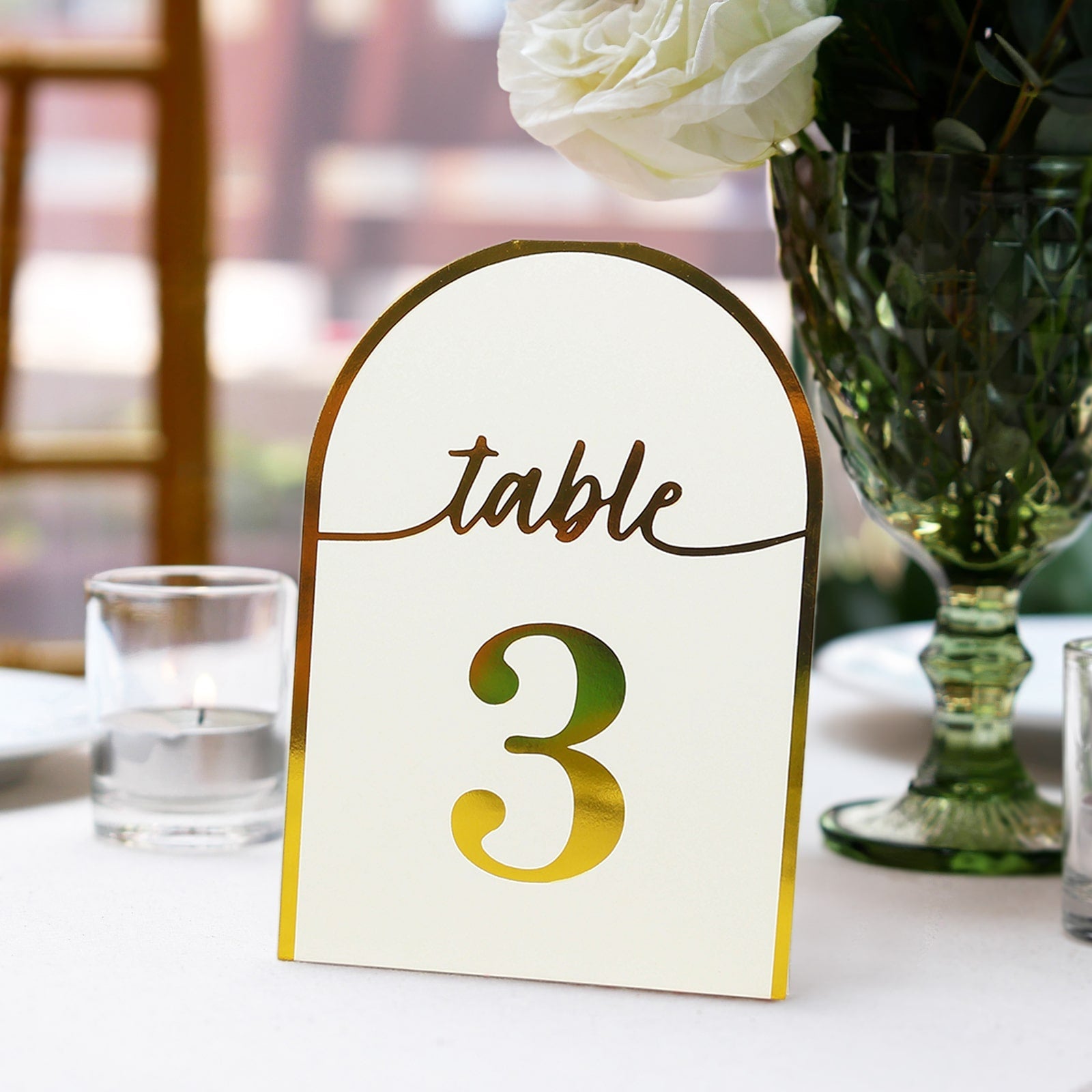 25-Pack Paper Wedding Table Numbers 1-25 White Arch Cutout Design - Sleek & Modern Free Standing Double Sided Table Tent Cards with Metallic Gold Foil Numbers 7