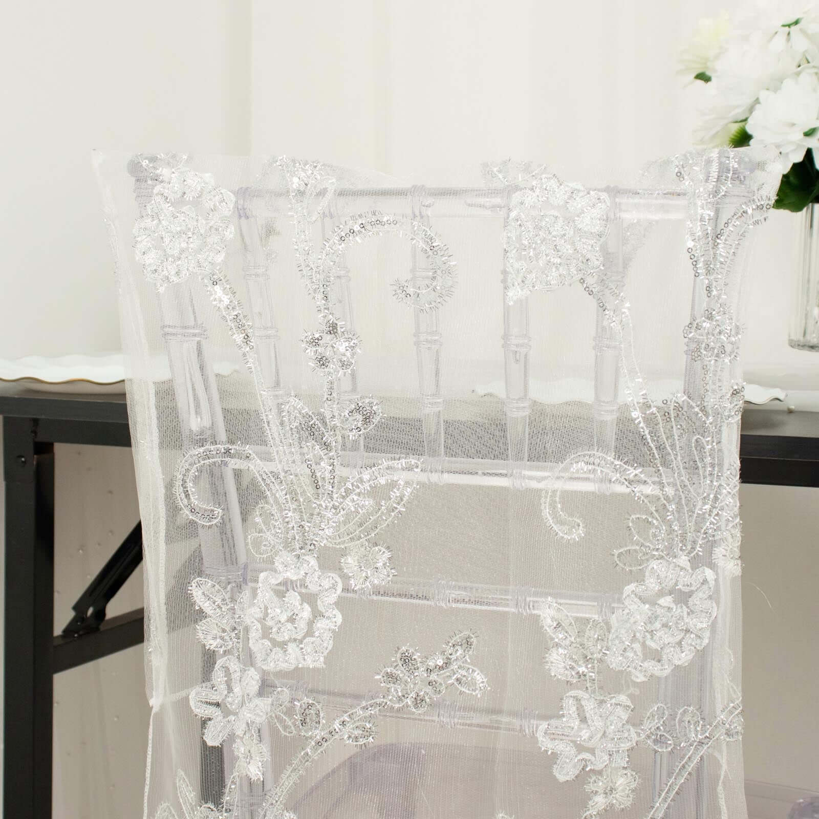 Organza Chiavari Chair Slipcover with Floral Sequin Embroidery White - Stylish Lace Chair Back Cover for Weddings