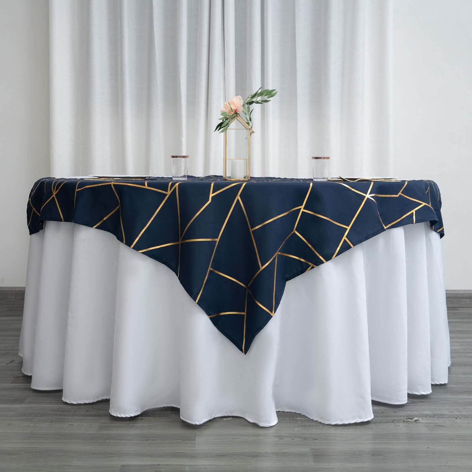 Polyester 54x54 Table Overlay Square Tablecloth Navy with Gold Foil Geometric Pattern - Wrinkle-Resistant & Durable Table Topper