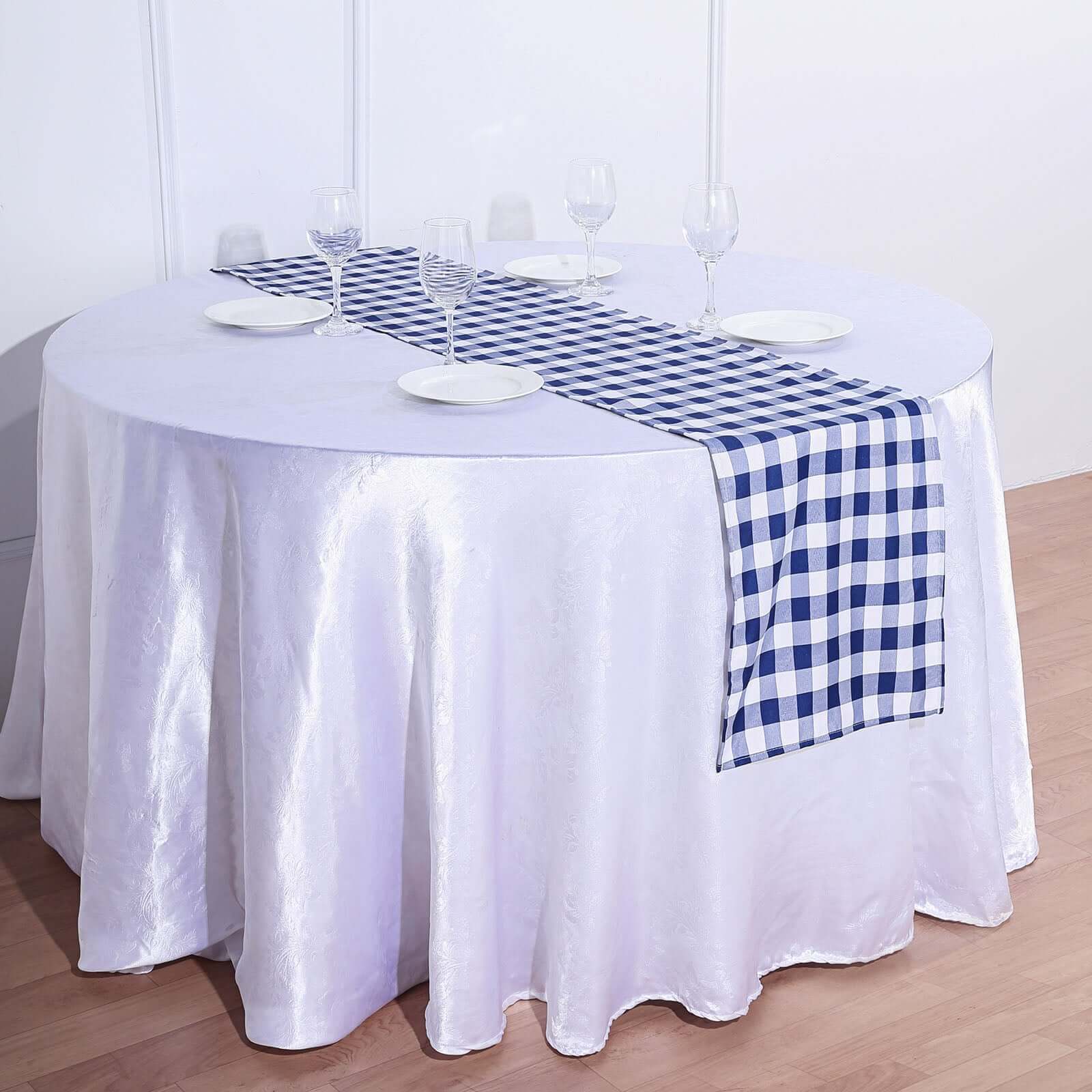 Polyester 14x108 Table Runner Navy Blue/White - Gingham Plaid Design