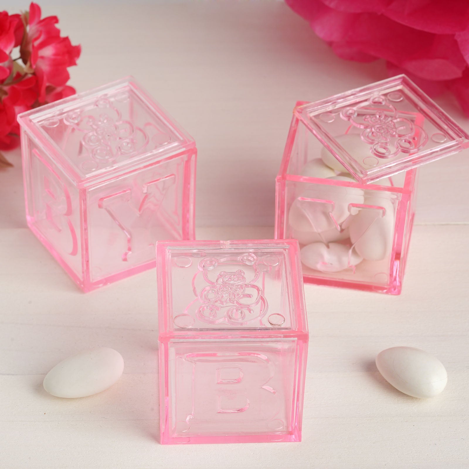 12 Pack 2 Pink Fillable Plastic Baby Shower Candy Gift Boxes, Transparent Baby Blocks Favor Boxes
