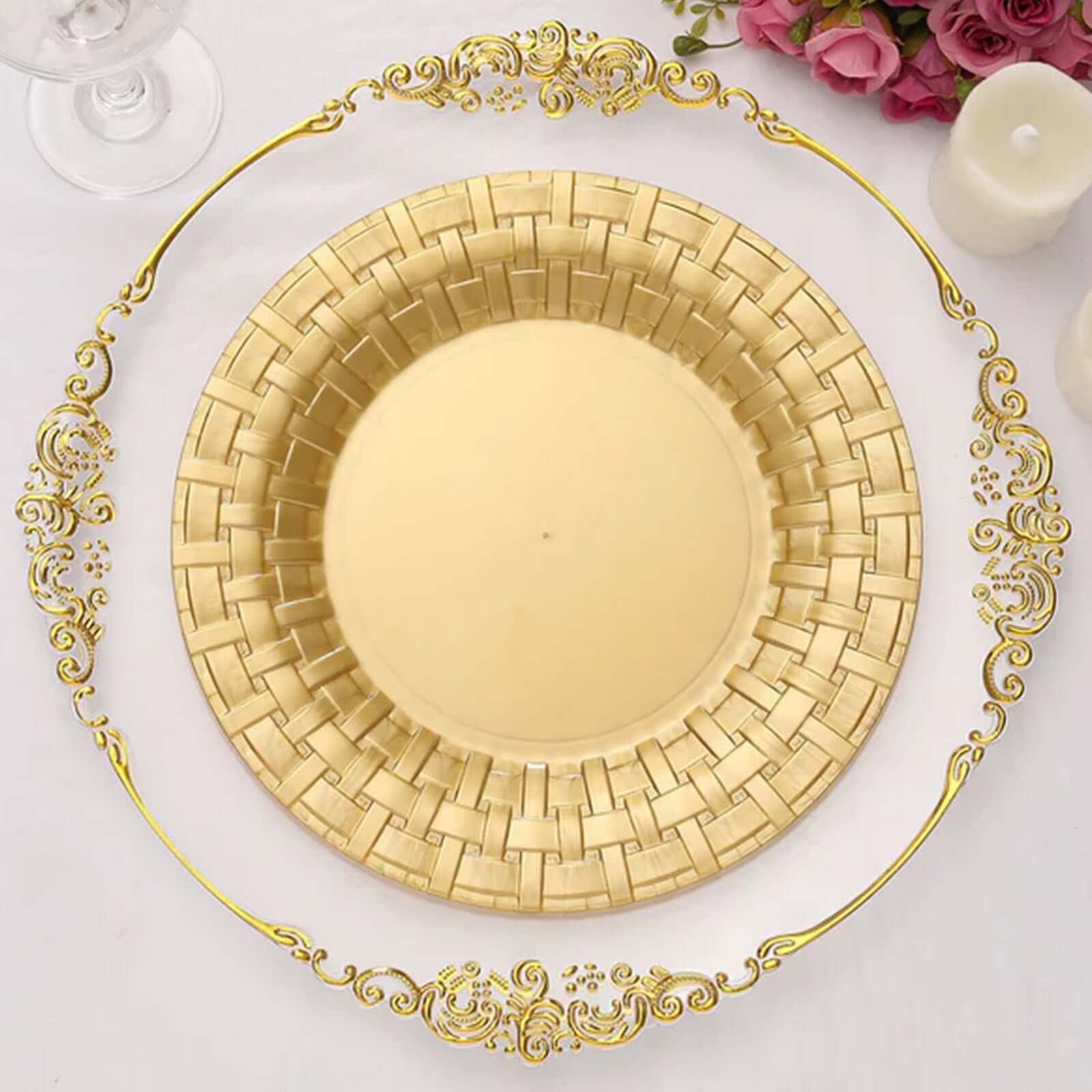 10-Pack Plastic Dinner Plates Gold Basketweave Rim - Durable Disposable Dinner Plates 10