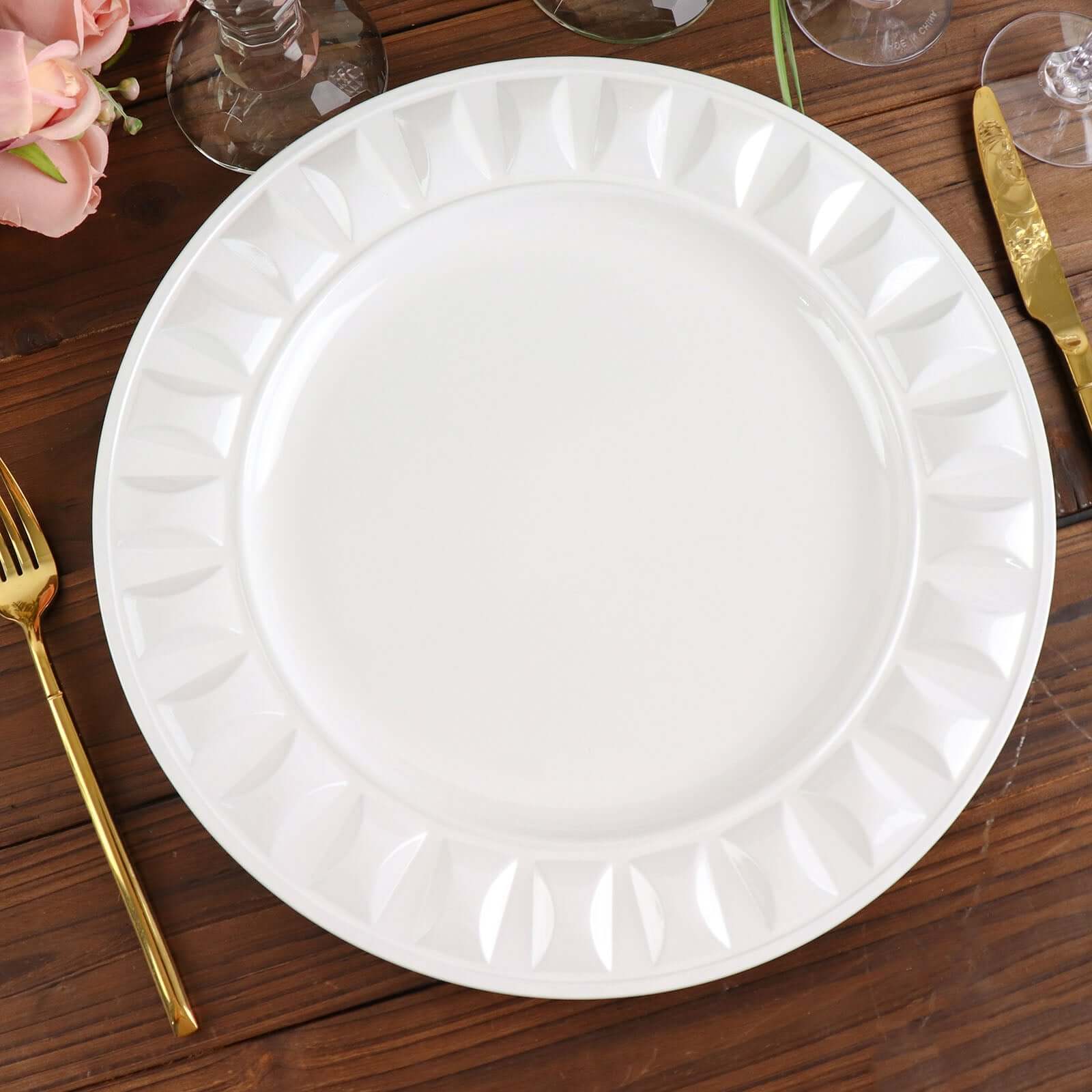 6-Pack Plastic Round Charger Plates 13 in White with Bejeweled Rim, Luxe Decorative Dinner Party Charger Tableware