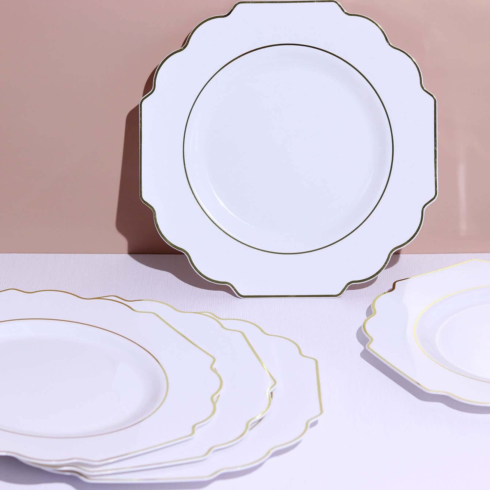 10-Pack Plastic Dinner Plates in White Baroque Design with Scalloped Gold Rim - Heavy Duty Disposable Party Plates for Events & Banquets 11