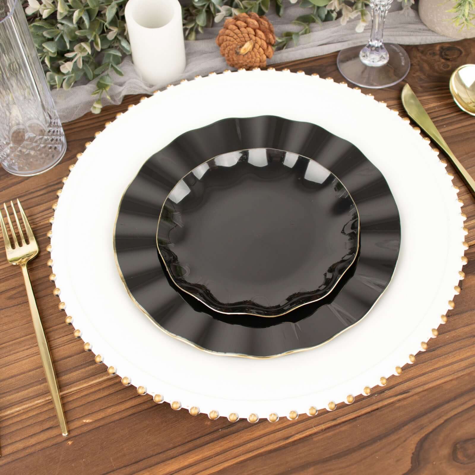 10-Pack Plastic Round 6 Dessert Plates in Black Ruffled Rim with Gold Edging - Sturdy Disposable Salad Appetizer Dinnerware