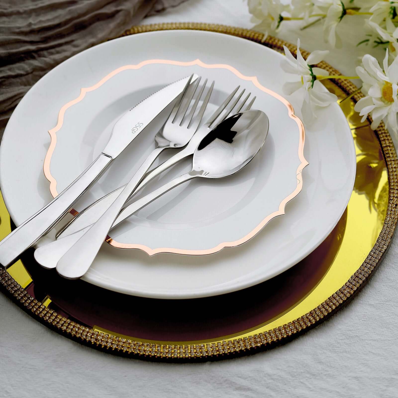 10-Pack Plastic 8 Round Desert Plates in White with Rose Gold Scalloped Rim - Disposable Appetizer/Salad Plates