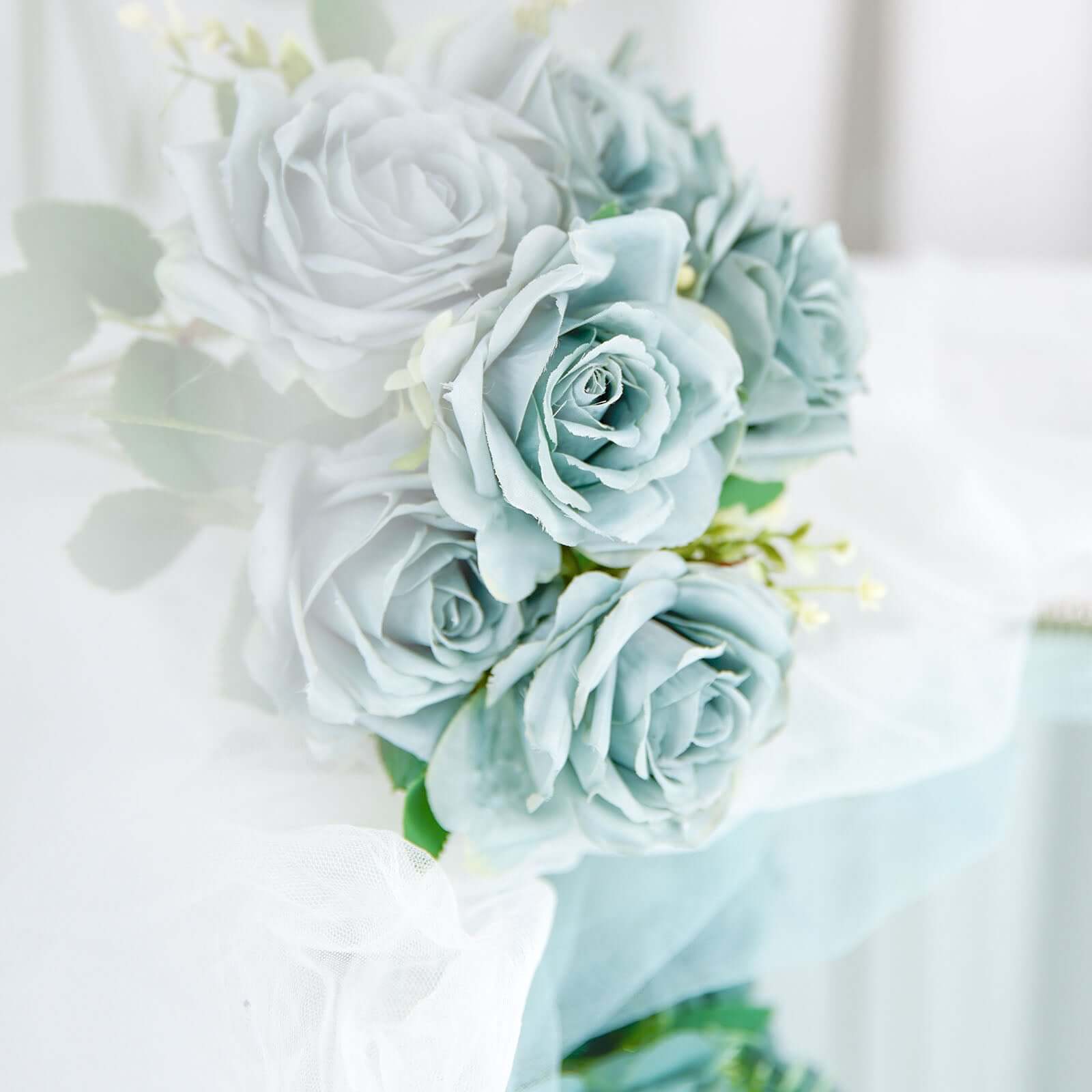 2 Bushes 18 Real Touch Dusty Blue Artificial Rose Flower Bouquet, Silk Long Stem Flower Arrangements