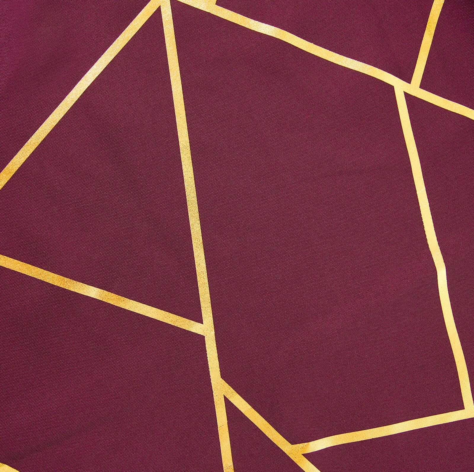 120 Burgundy Seamless Round Polyester Tablecloth With Gold Foil Geometric Pattern for 5 Foot Table With Floor-Length Drop