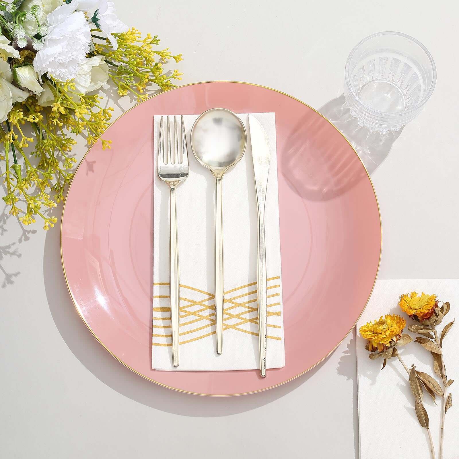 10-Pack Plastic 10 Round Dinner Plates in Dusty Rose with Gold Rim - Glossy Disposable Party Plates