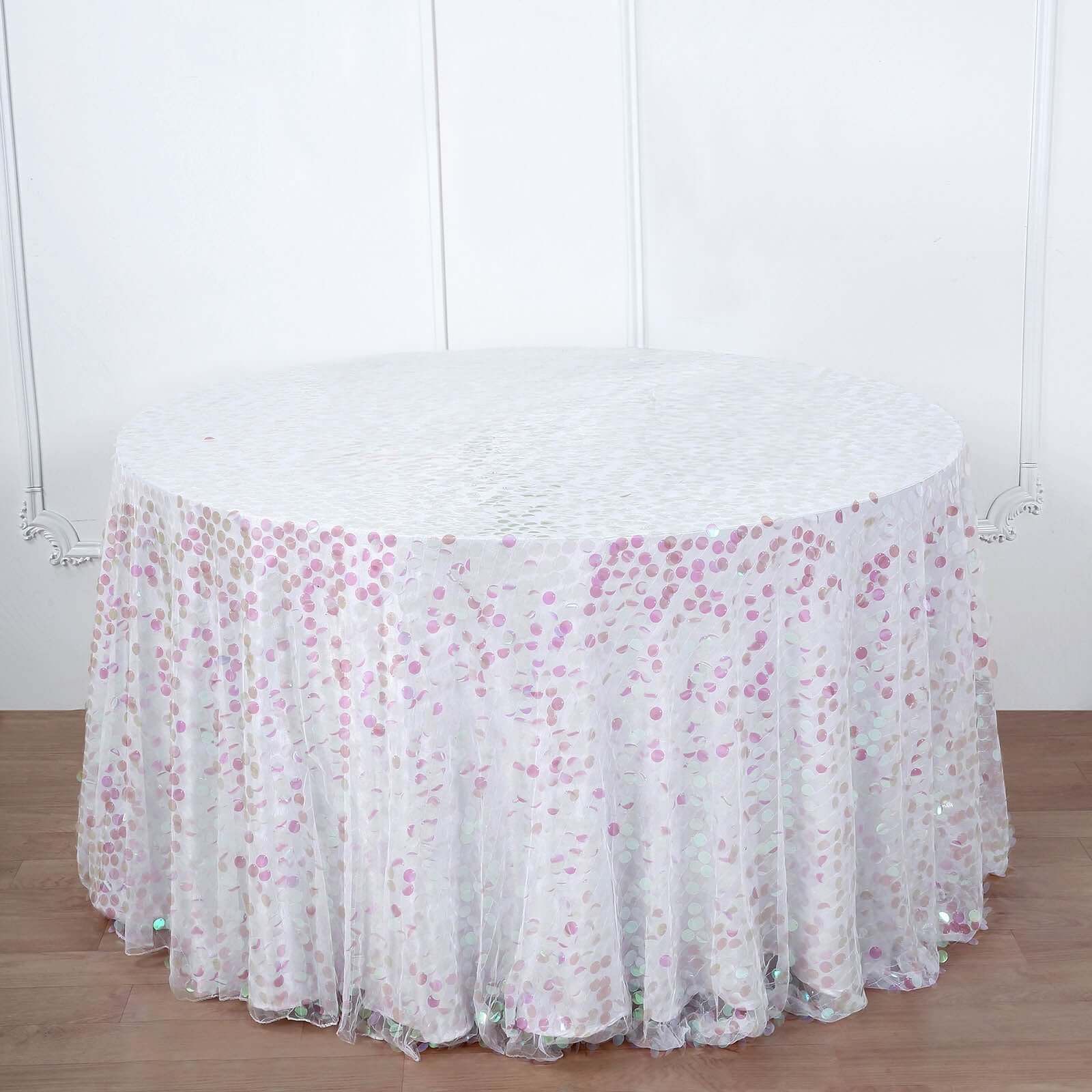 120 Iridescent Seamless Big Payette Sequin Round Tablecloth Collection for 5 Foot Table With Floor-Length Drop