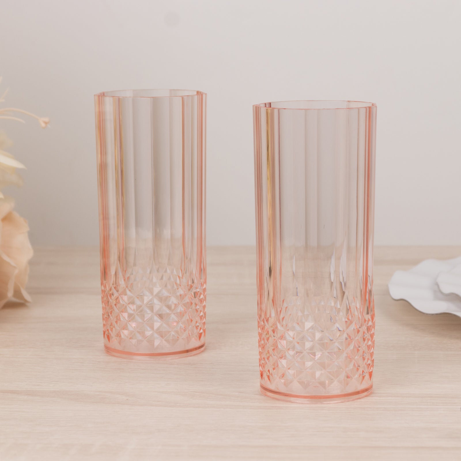 6-Pack Plastic Cocktail Tumblers Transparent Blush Crystal Cut Style - Shatterproof Highball Glasses 14oz