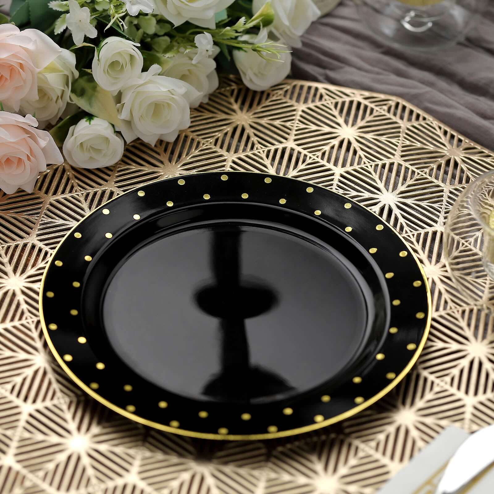 10 Pack 7.5 Black With Gold Dot Rim Plastic Dessert Plates, Round Salad Disposable Tableware Plates