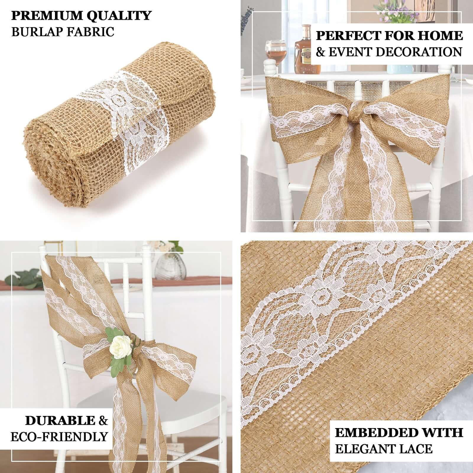 Natural Burlap Chair Sash 5x108 with Lace Hessian Jute - Rustic Bow Design for Weddings & Gatherings