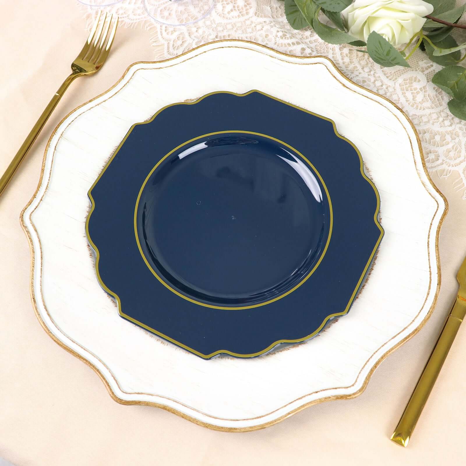 10 Pack 8 Navy Blue Hard Plastic Dessert Appetizer Plates, Disposable Tableware, Baroque Heavy Duty Salad Plates with Gold Rim