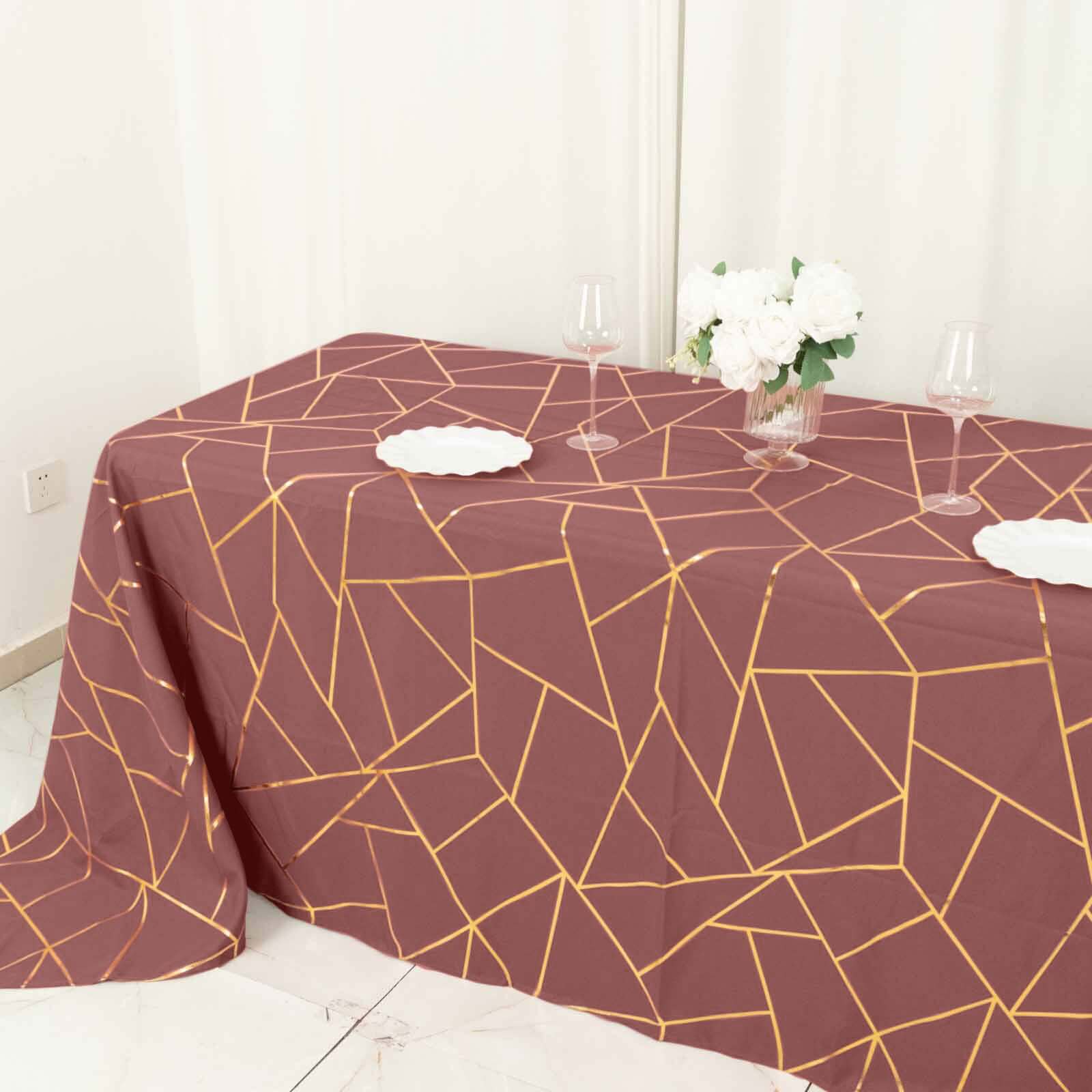 Polyester 60x132 Rectangle Tablecloth Cinnamon Rose with Gold Foil Geometric Pattern - Wrinkle-Resistant and Durable Table Cover for Weddings & Events