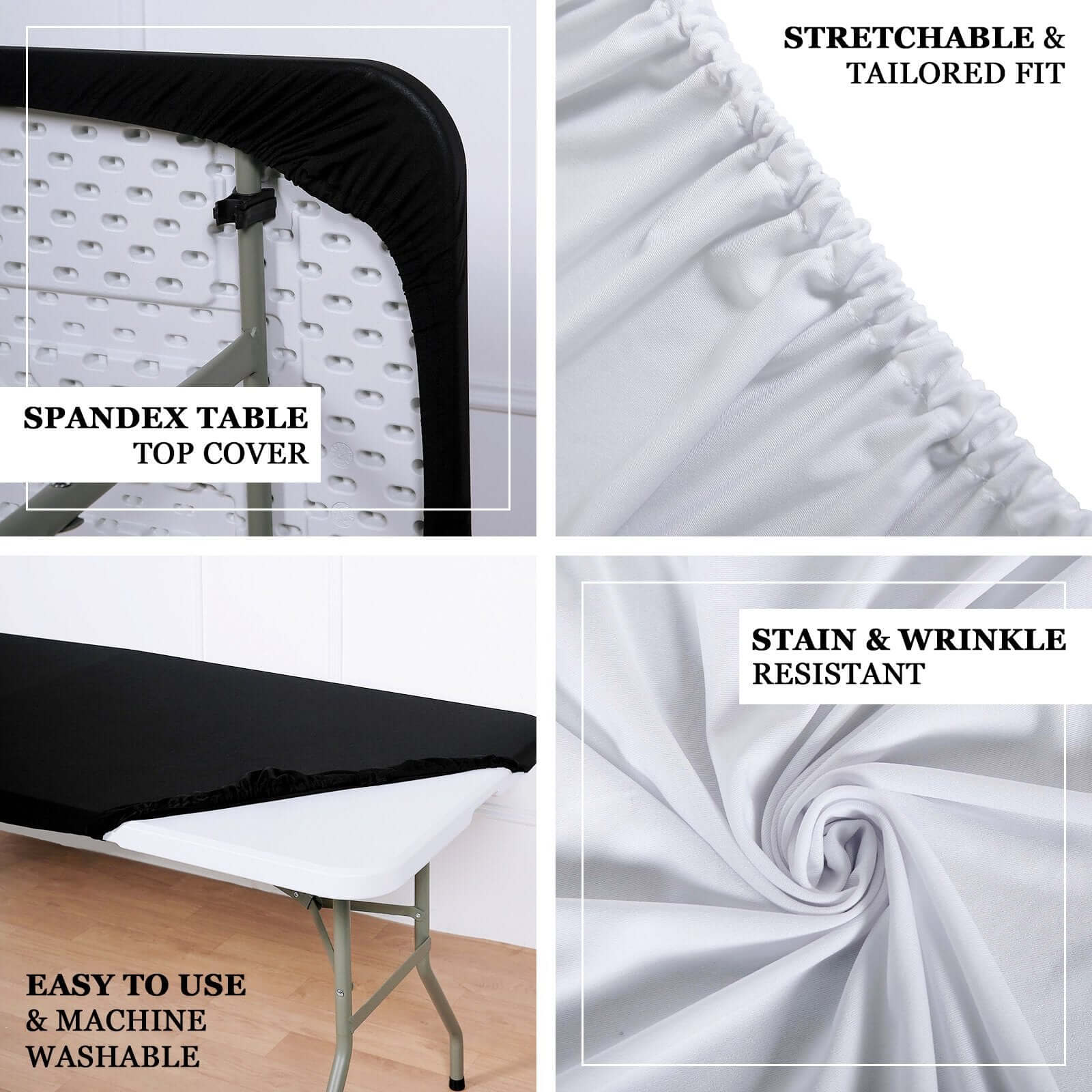 Stretch Spandex 72x30 Rectangle Tablecloth Top Cover Black - Durable Fitted Table Topper Cap