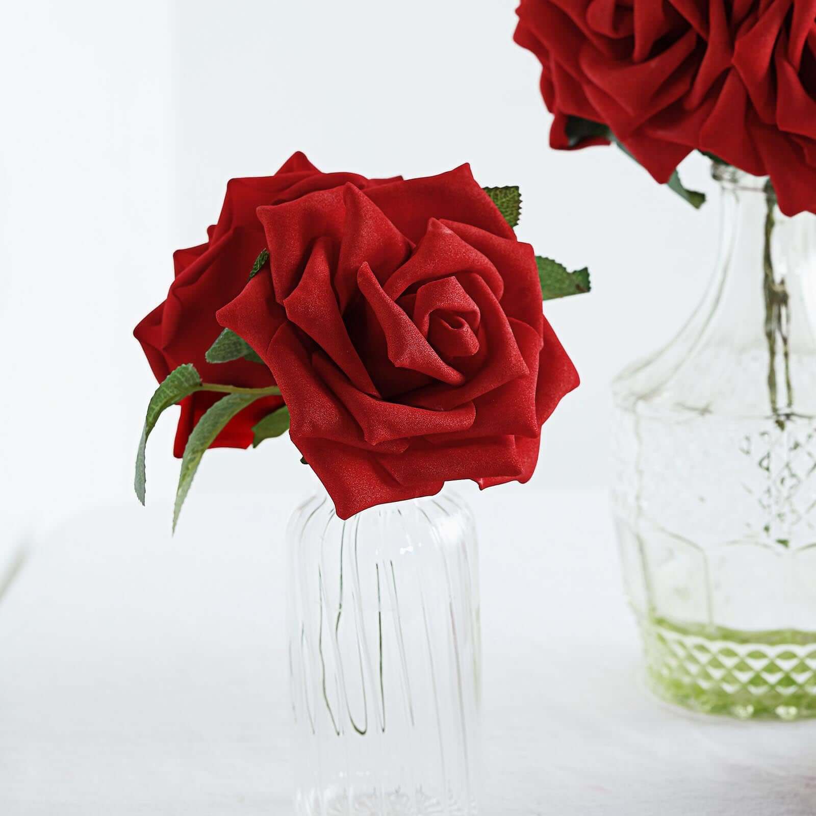 24 Roses 5 Red Artificial Foam Flowers With Stem Wire and Leaves