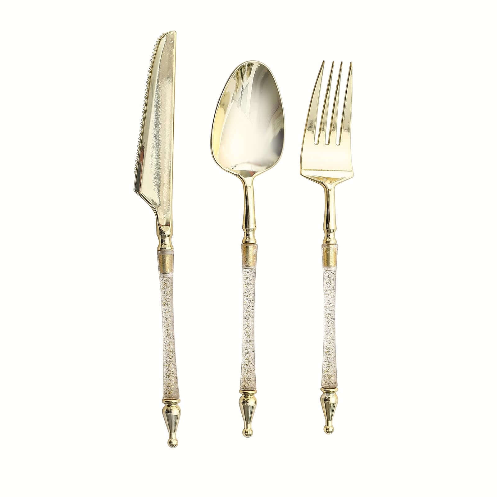 24-Pack Plastic Utensil Set with Roman Column Handle Gold/Clear - Glittered Disposable Silverware