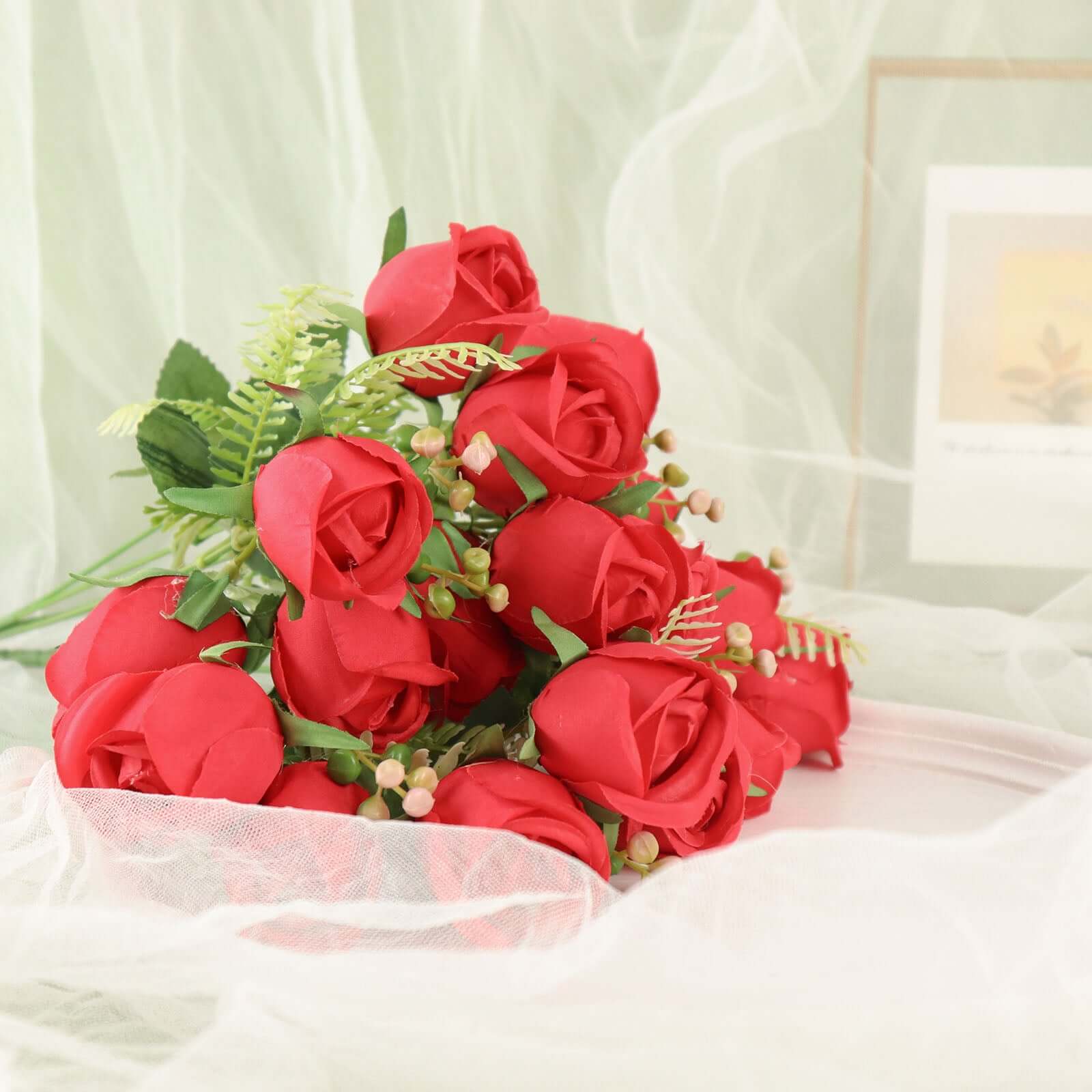 3 Pack 13 Red Real Touch Silk Rose Bud Flower Bridal Bouquets, Artificial Floral Bush Arrangements