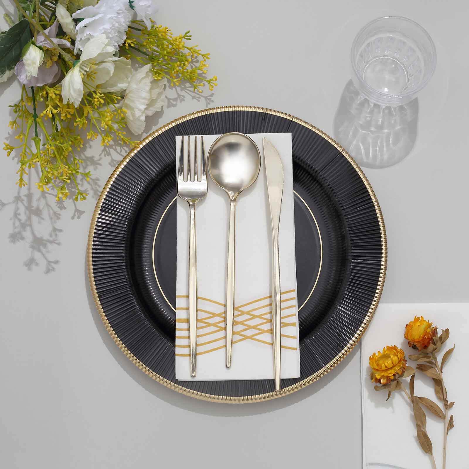 25-Pack Paper 10 Round Dinner Plates in Black Sunray Design with Gold Rim - Disposable Heavy Duty 350GSM Party Plates for Banquets & Celebrations